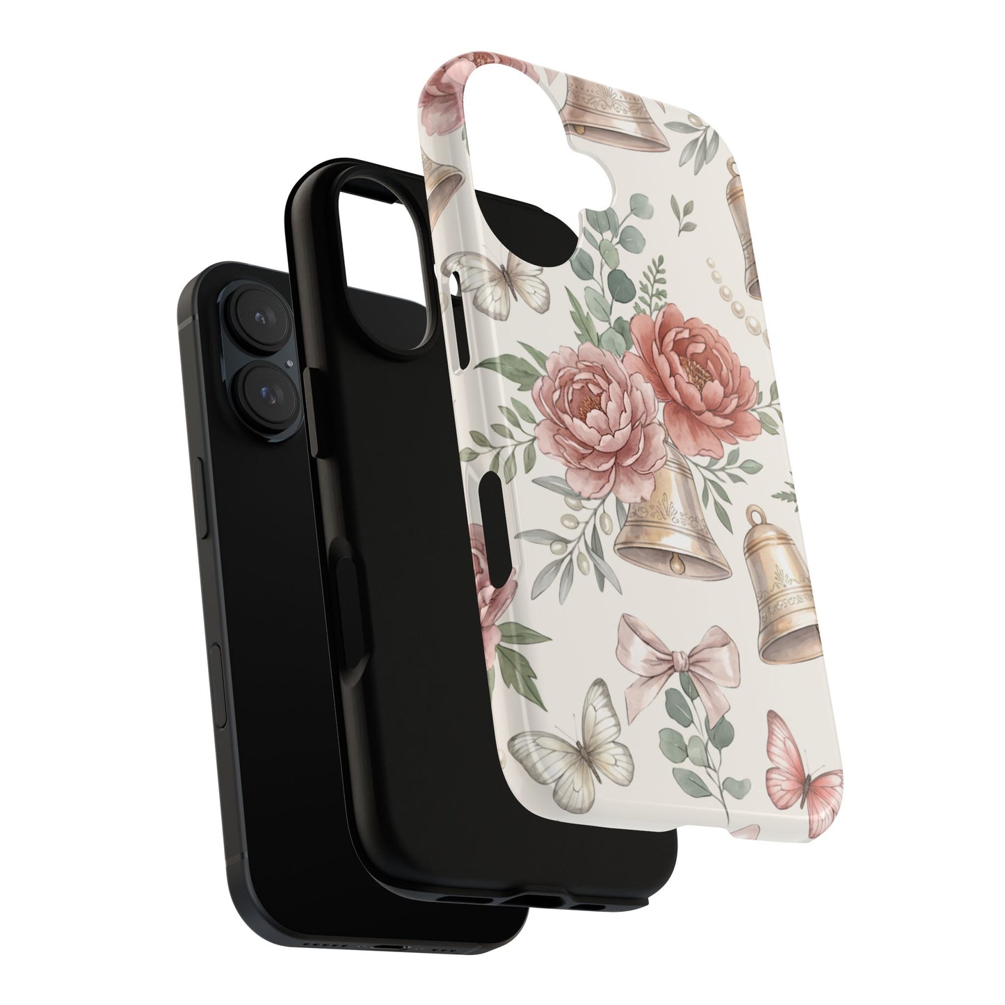 Floral Wedding Bells Phone Case — Vintage Roses, Butterflies & Bow Protective Tough Case