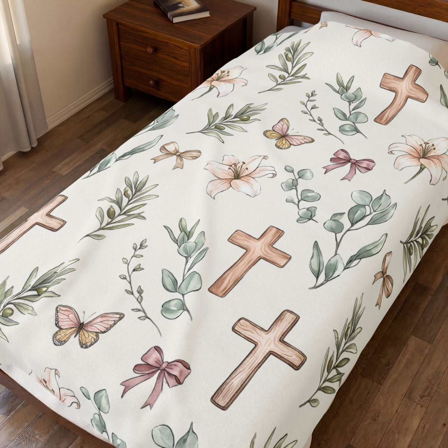 Floral Cross Baby Plush Blanket — Christian Nursery Velveteen Throw