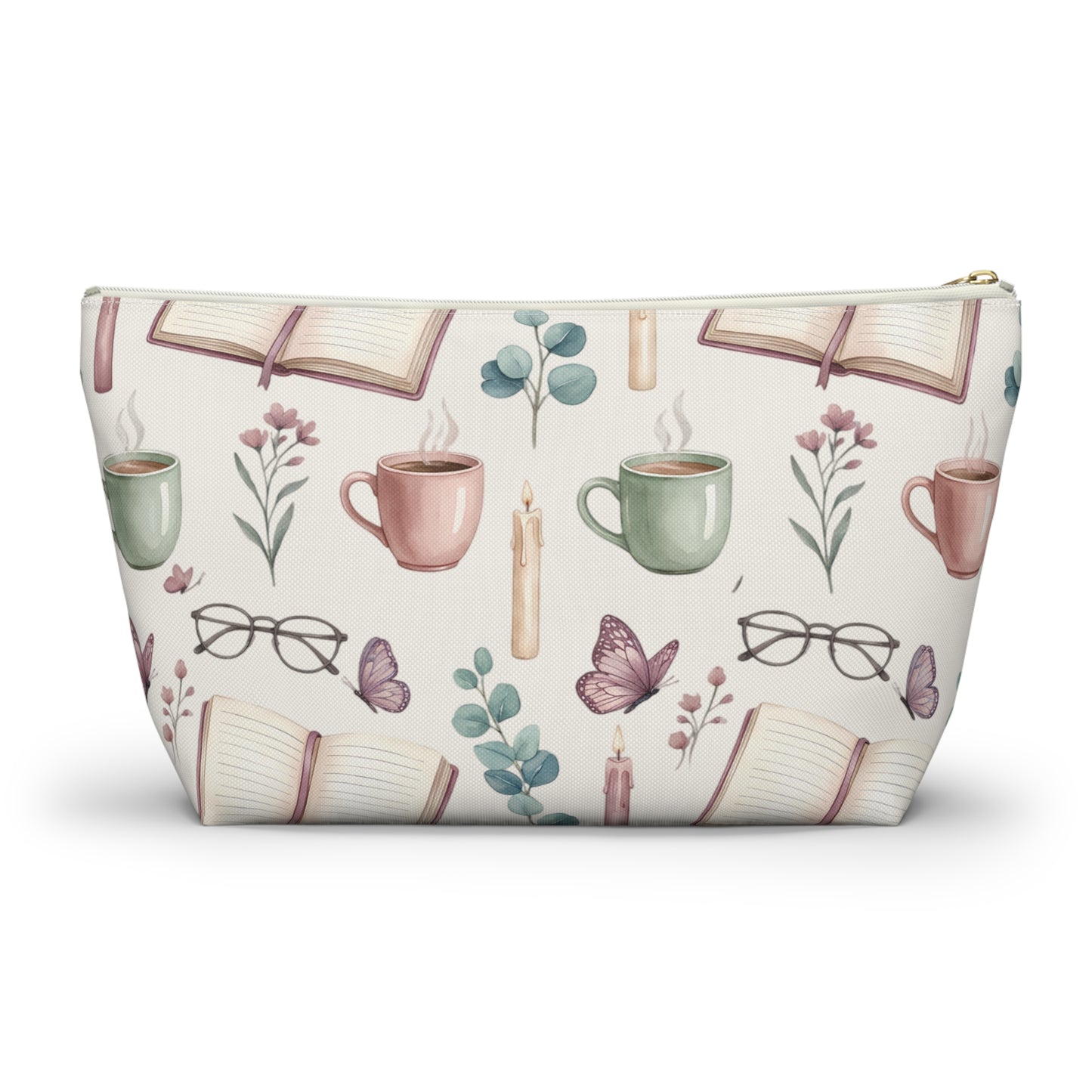 Cozy Reading Accessory Pouch — Book, Tea & Candle Pattern