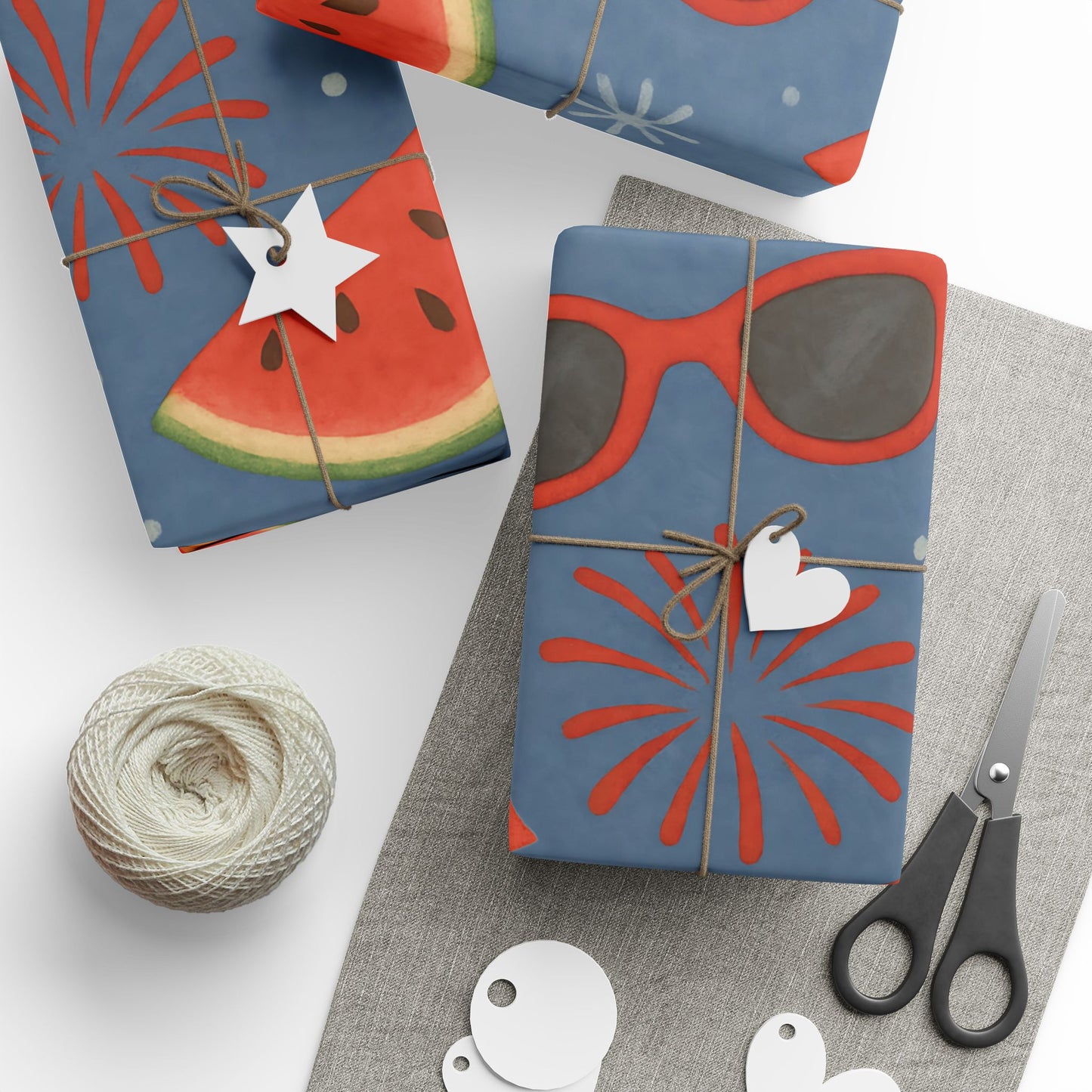 Summer BBQ Wrapping Paper – Watermelon, Hot Dogs & Fireworks on Blue