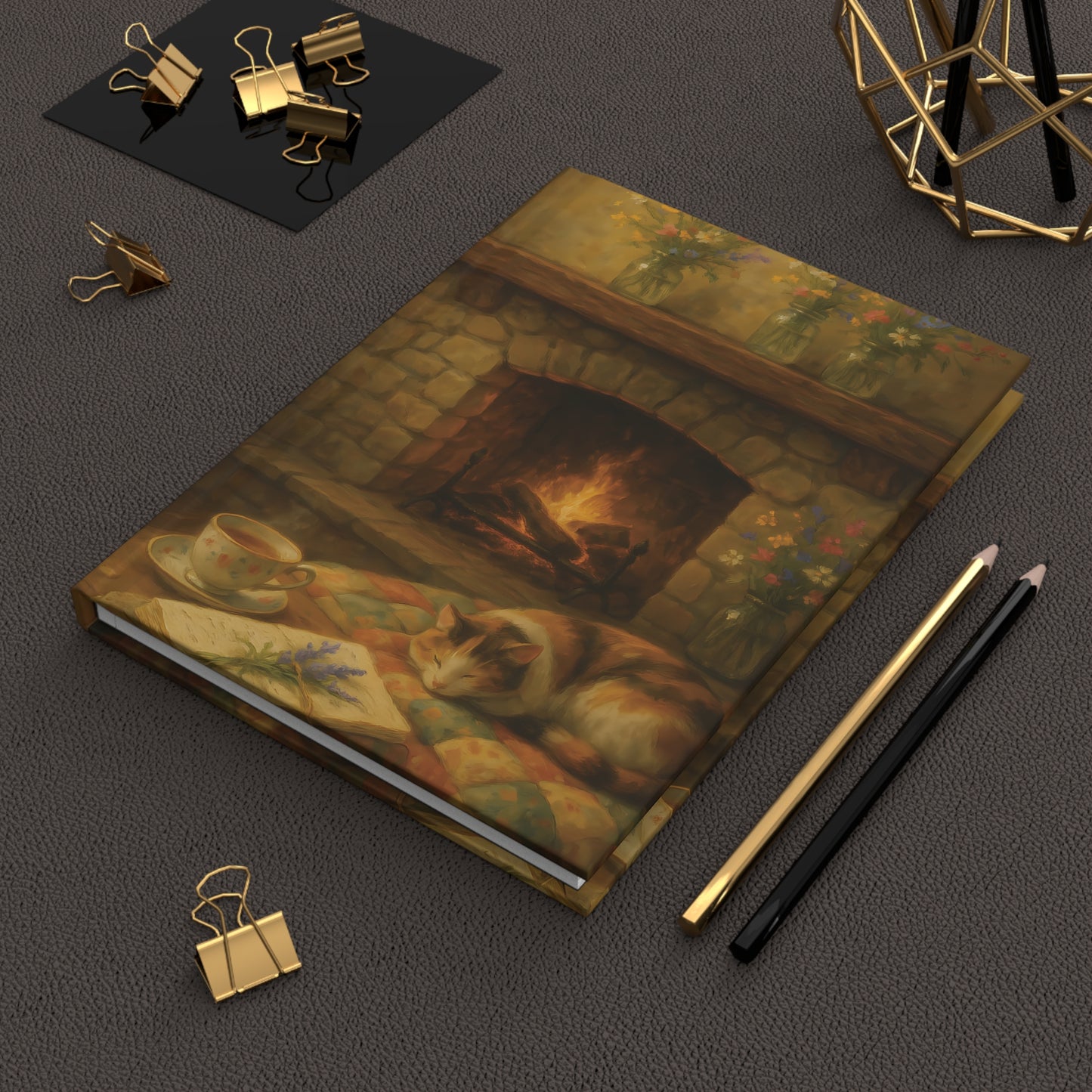 Cozy Hearth Journal – Cat, Fireplace & Tea Hardcover Notebook