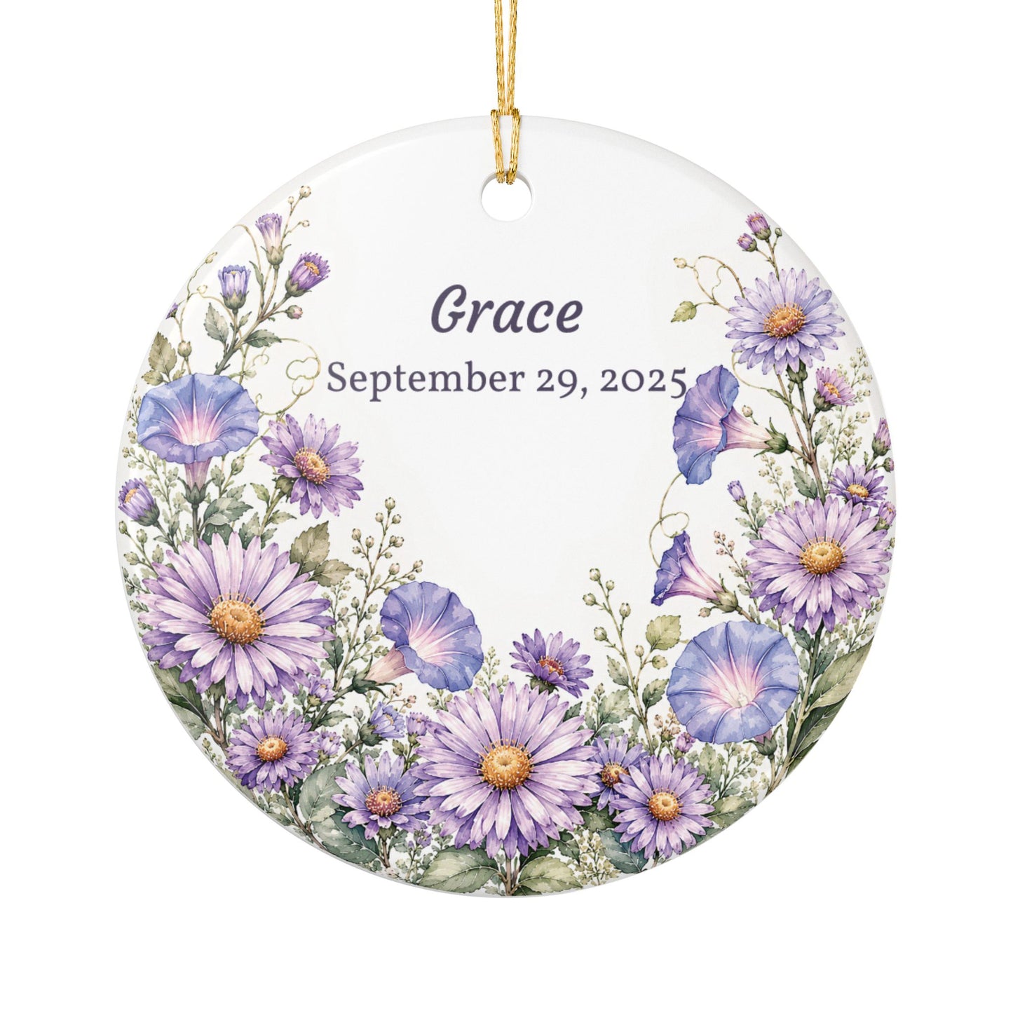 Personalized Ceramic Ornament — Purple Wildflower Memorial or Keepsake Ornament (Name & Date)