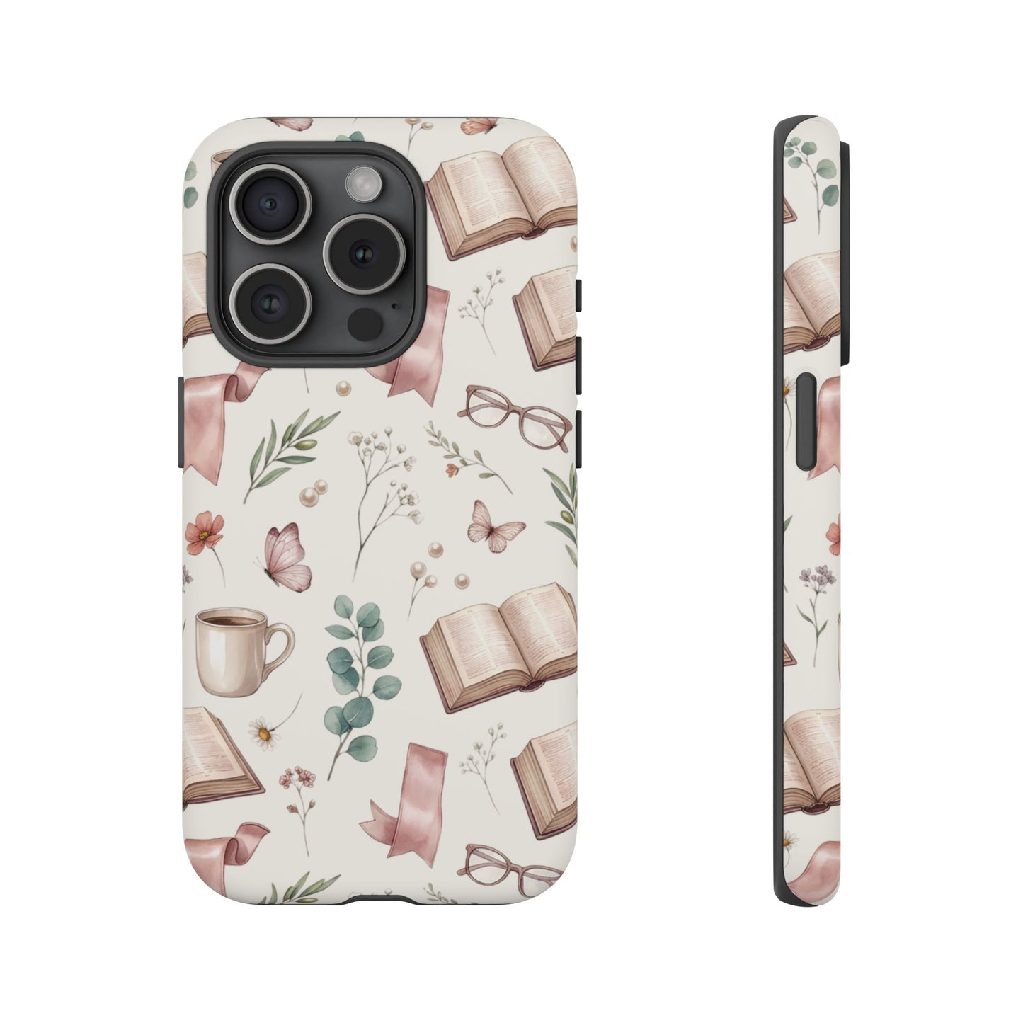Bookish Floral Phone Case — Cozy Reading Pattern with Open Books, Glasses & Coffee