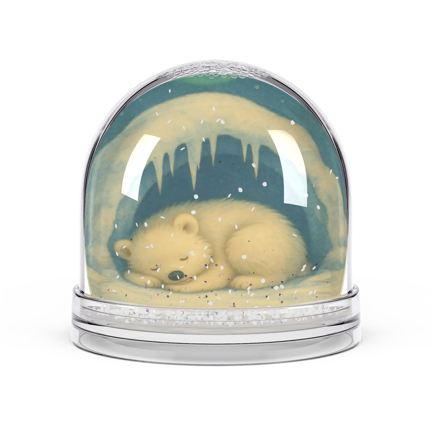 Hibernating Bear Snow Globe – Cozy Winter Den Scene with Two-Sided Print