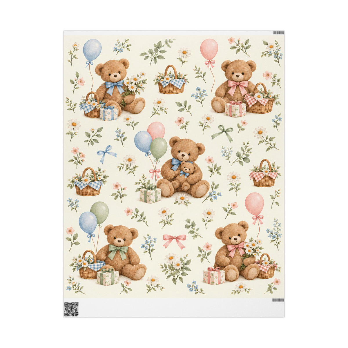 Teddy Bear Floral Wrapping Paper Roll — Vintage Baby Shower & Newborn Gift Wrap