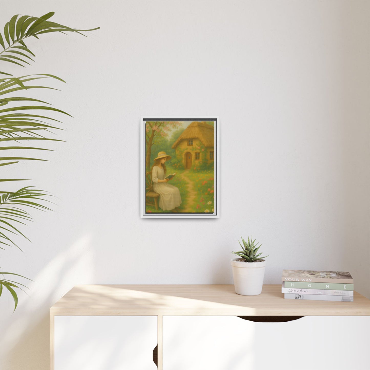Cottage Garden Reader – Framed Matte Canvas Wall Art of Woman Reading by a Thatched Cottage