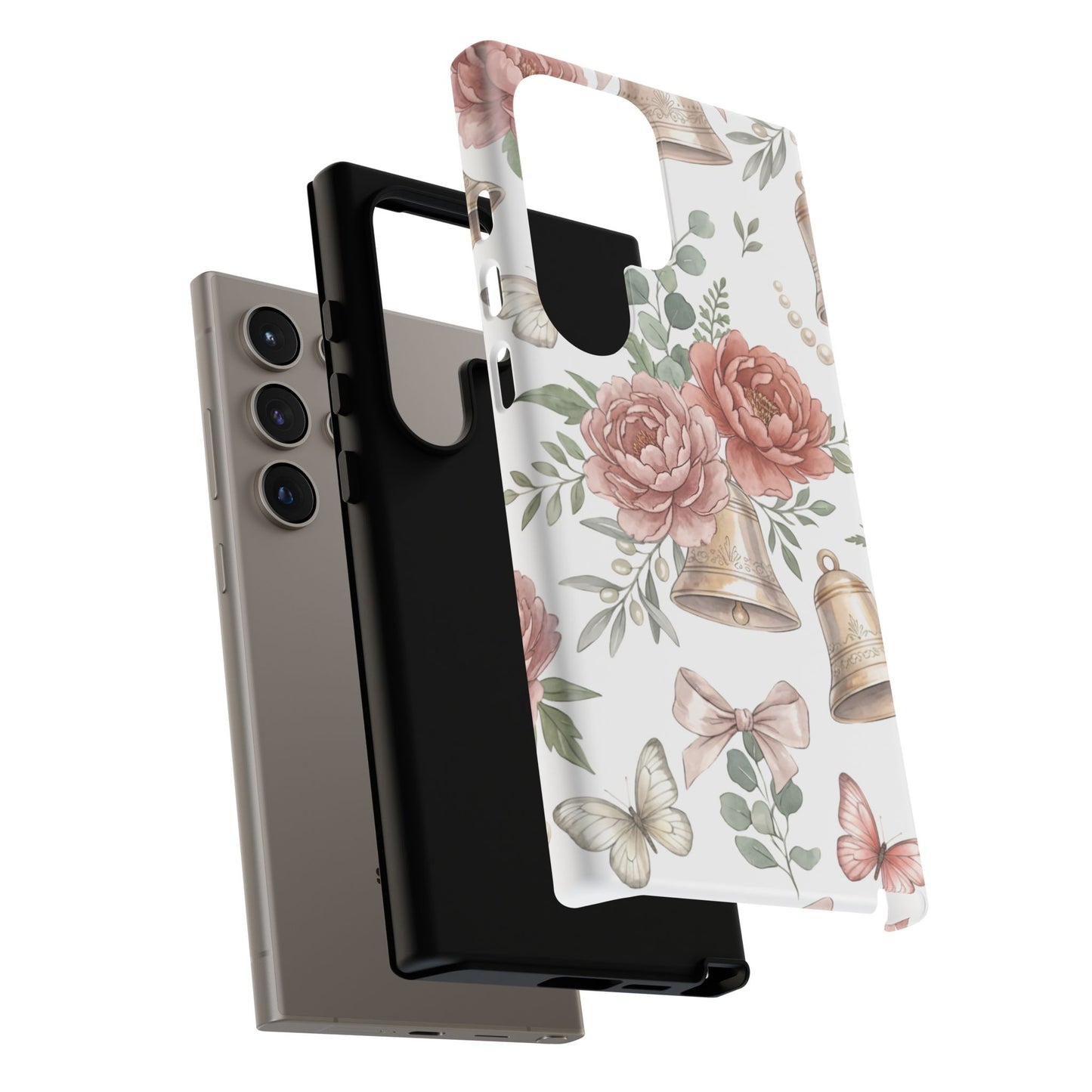 Floral Wedding Bells Phone Case — Vintage Roses, Butterflies & Bow Protective Tough Case