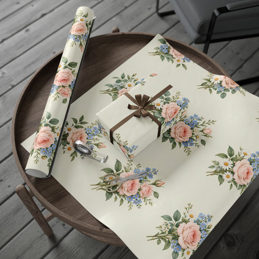 Floral Vintage Wrapping Paper Roll — Soft Cream Peony & Wildflower Gift Wrap