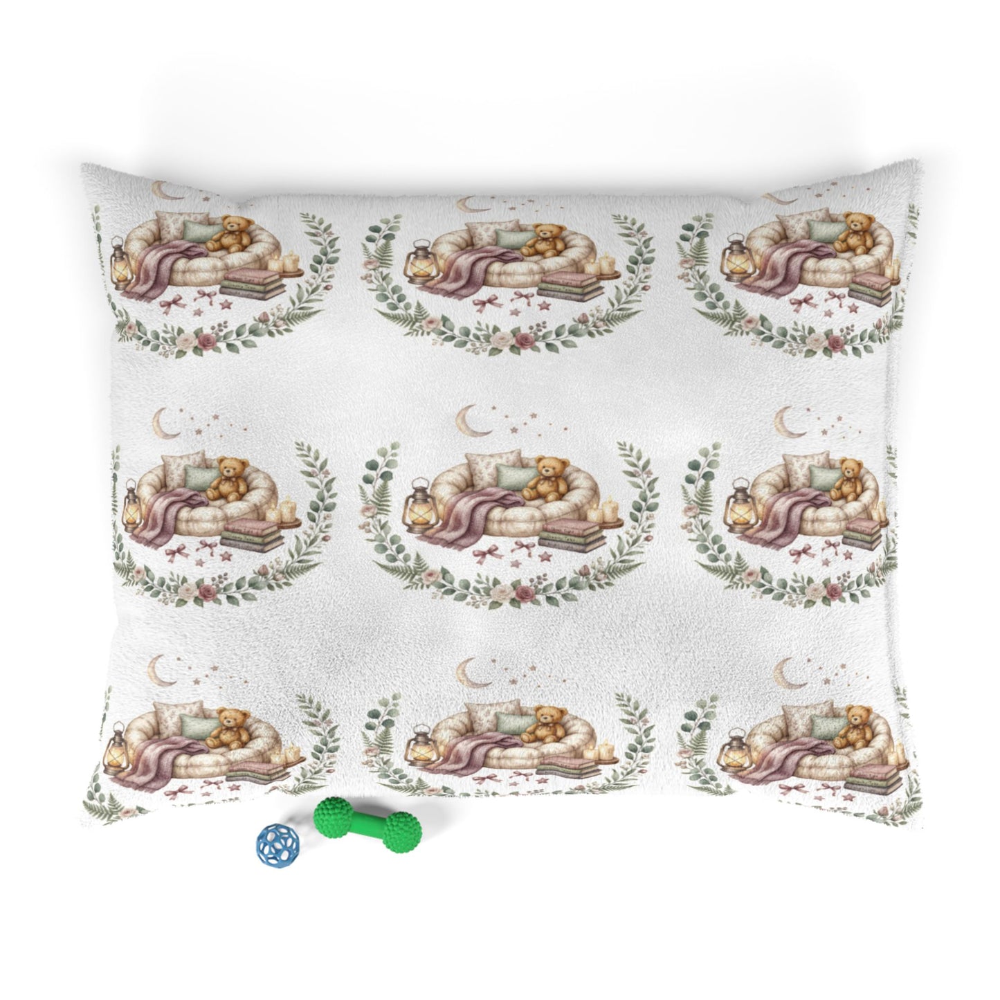 Moonlit Botanical Pet Bed – Watercolor Greenery & Moon Print