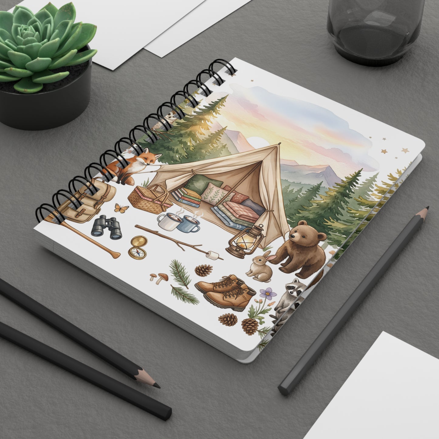 Camping Cozy Spiral Journal — Woodland Tent Adventure Notebook