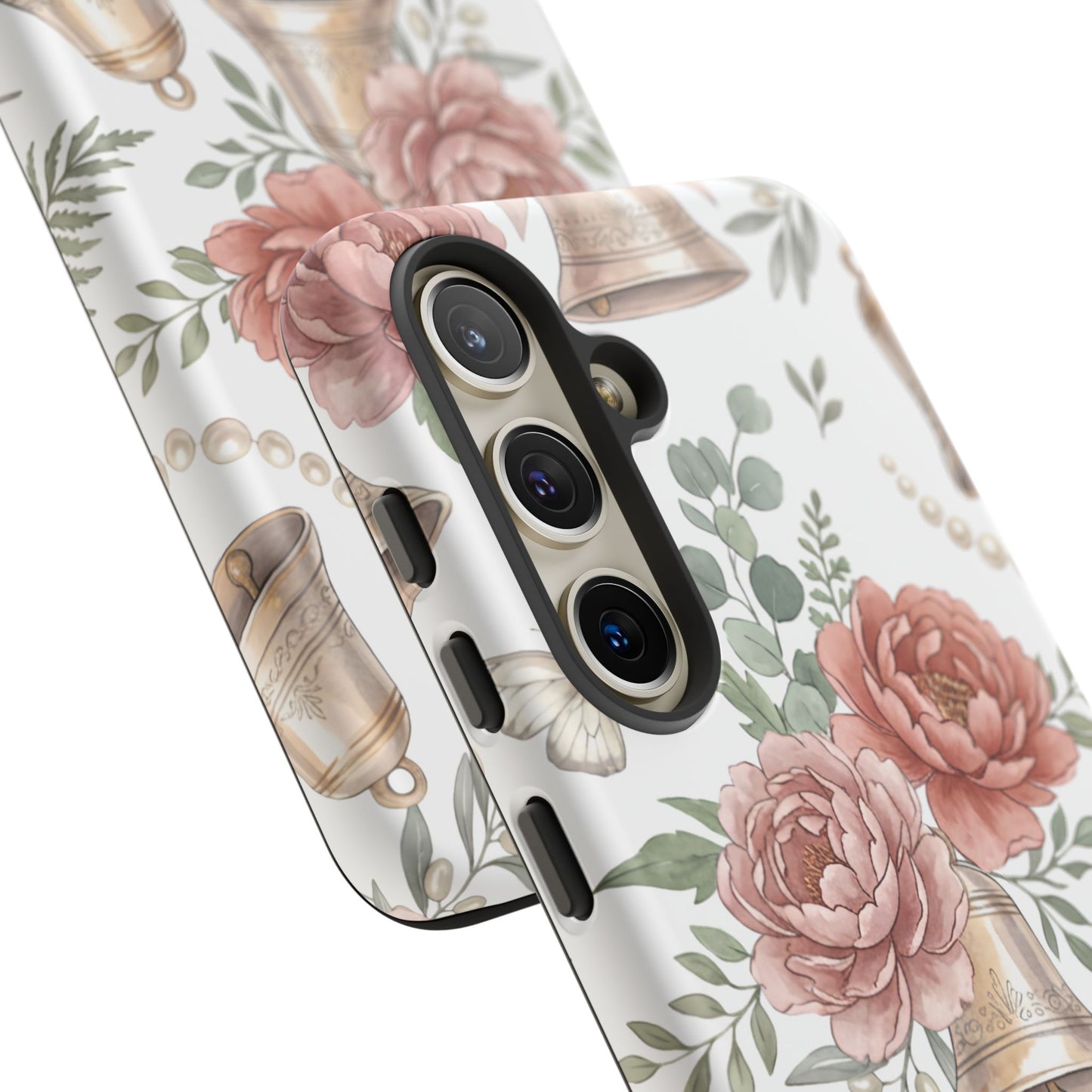 Floral Wedding Bells Phone Case — Vintage Roses, Butterflies & Bow Protective Tough Case