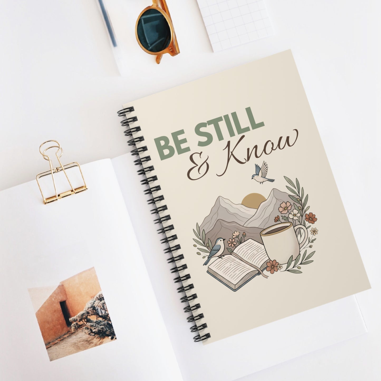 Be Still & Know Ruled Spiral Notebook — Inspirational Christian Journal with Mountains, Bible & Coffee Design