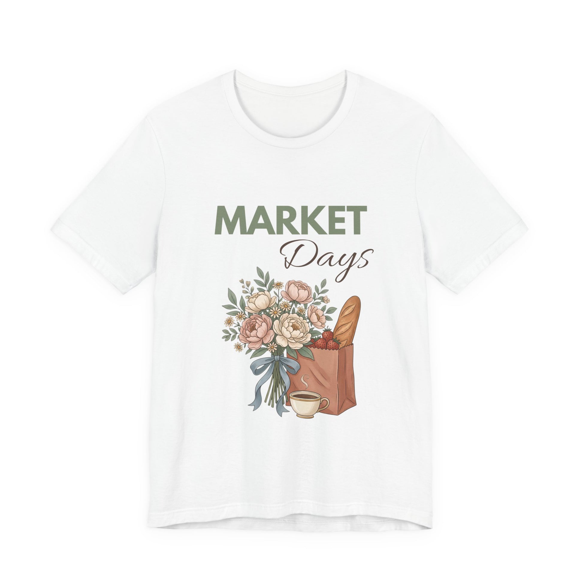 A white t-shirt with 'Market Days' on the front with a white background.