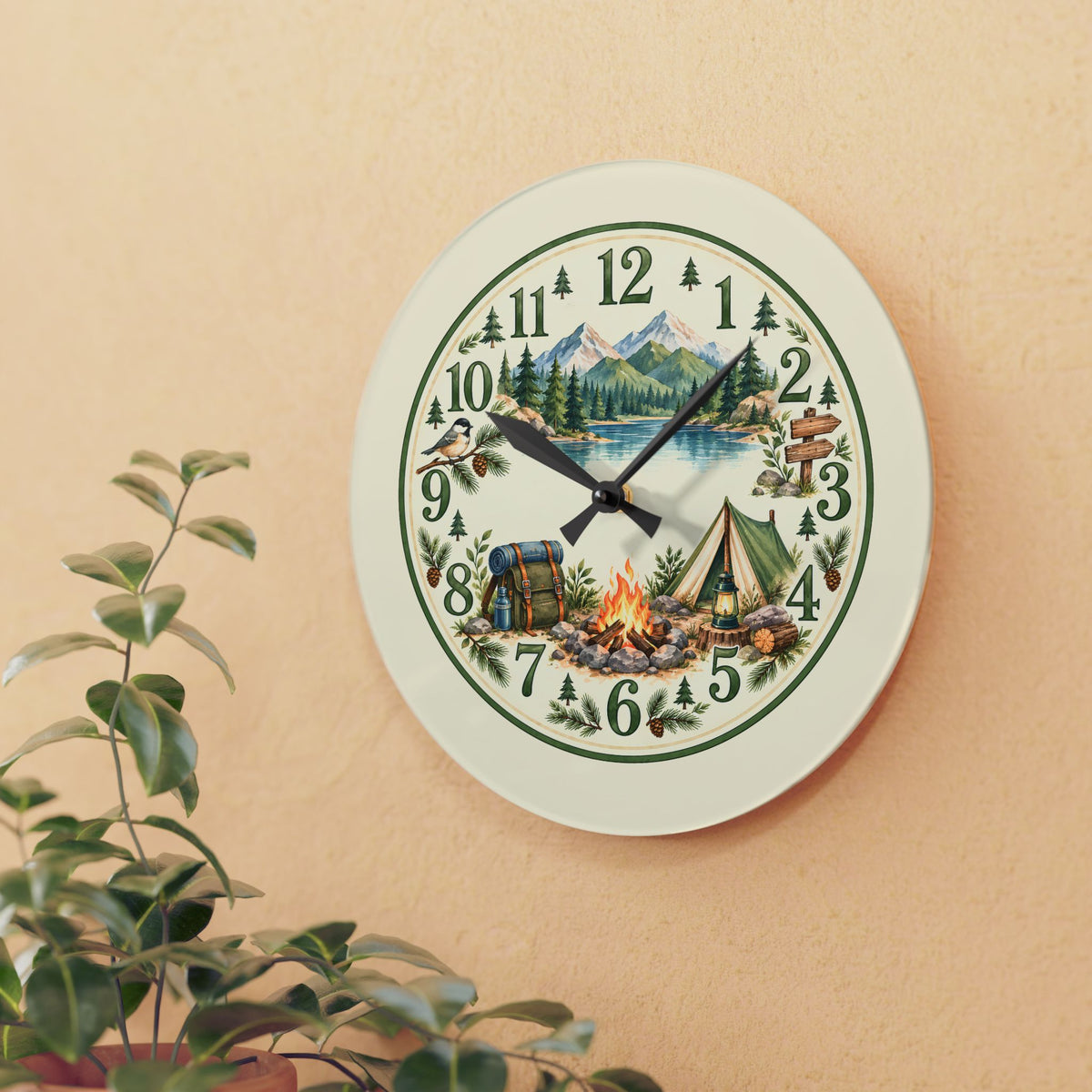 Rustic Camping Scene Acrylic Wall Clock