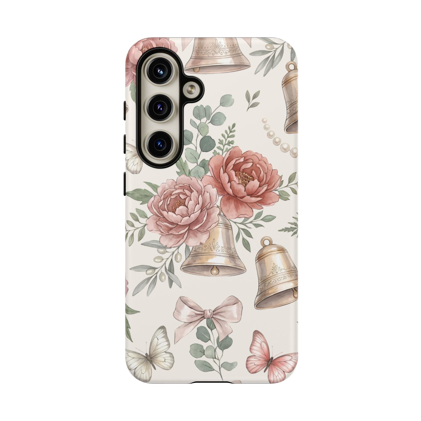 Floral Wedding Bells Phone Case — Vintage Roses, Butterflies & Bow Protective Tough Case