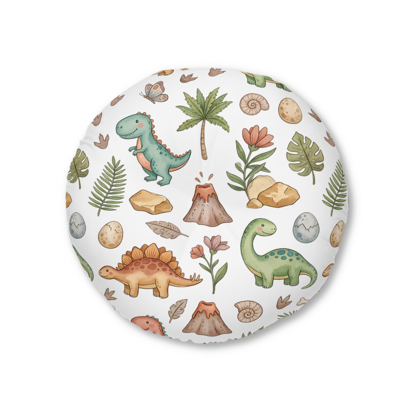 Round Tufted Floor Pillow — Cute Watercolor Dinosaur Pattern for Kids’ Room