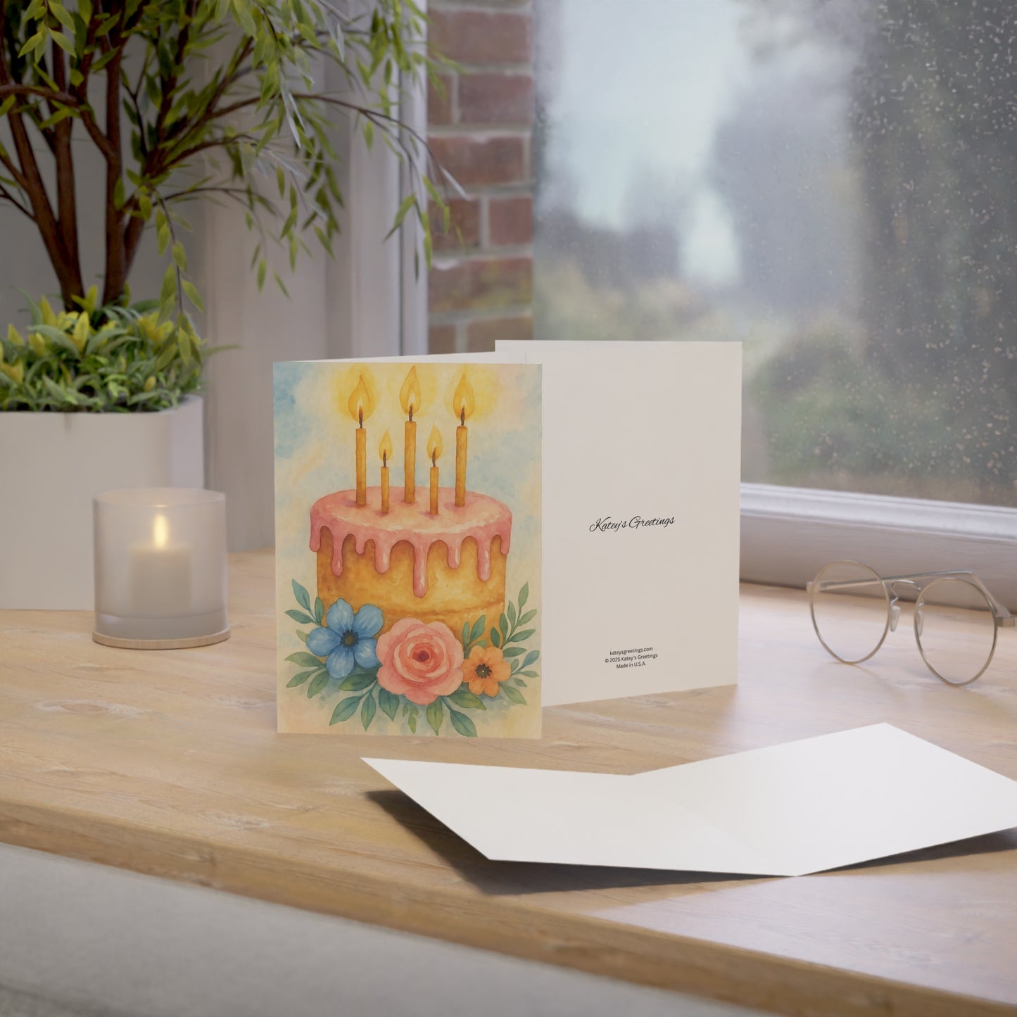 Watercolor Birthday Cake Greeting Card with Floral Accents – Blank Inside