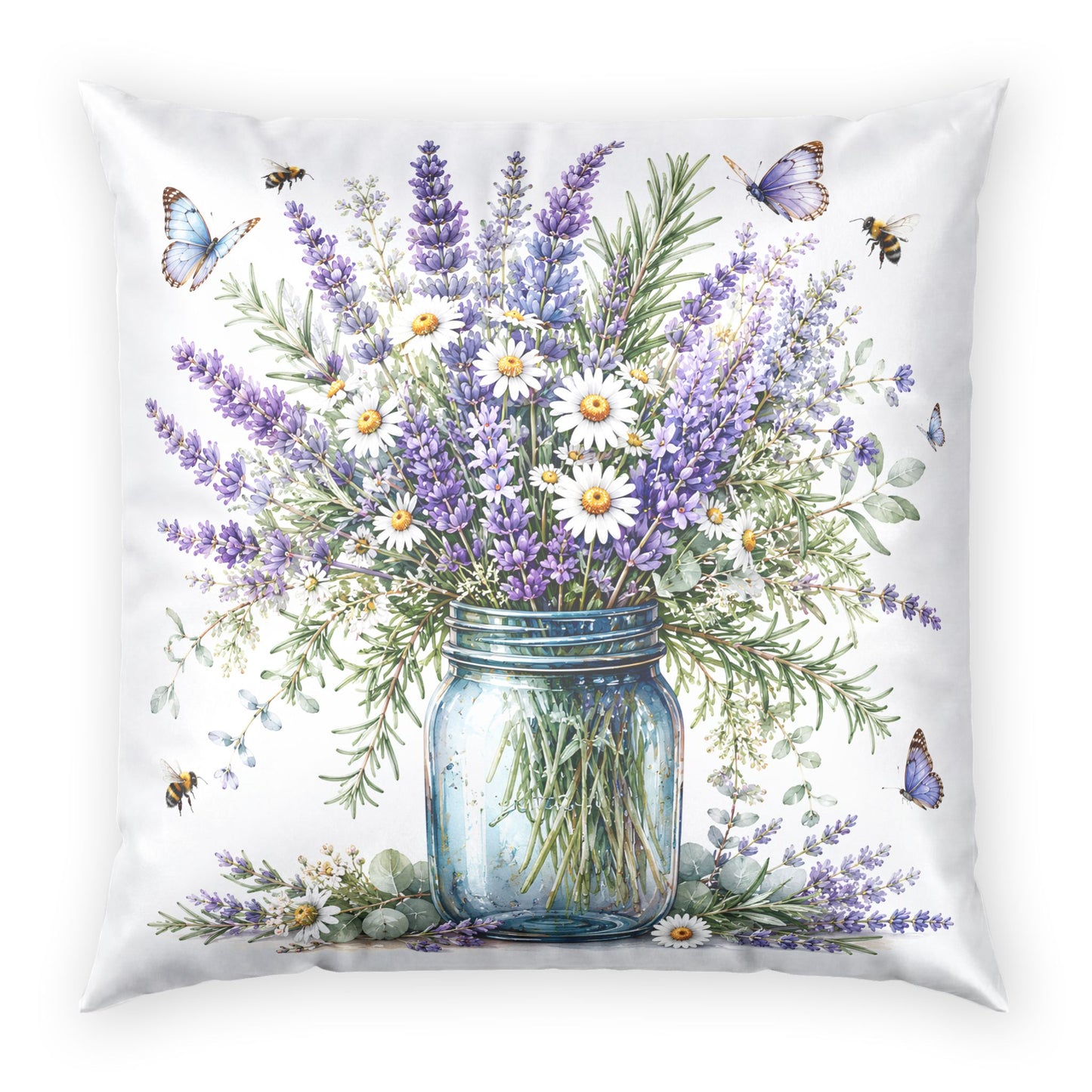 Lavender & Daisies Mason Jar Pillow — Floral Velvet Throw Cushion