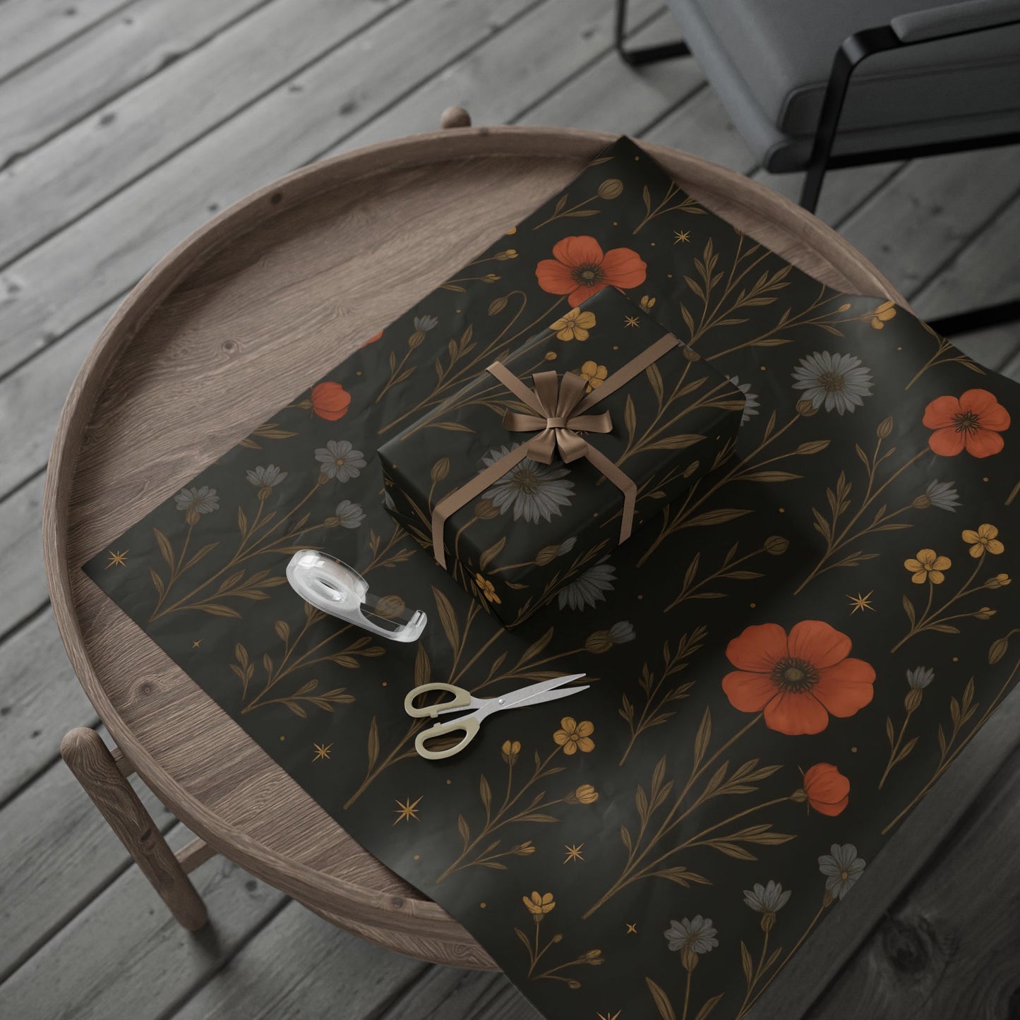 Moody Wildflower Wrapping Paper – Vintage Floral on Black Background
