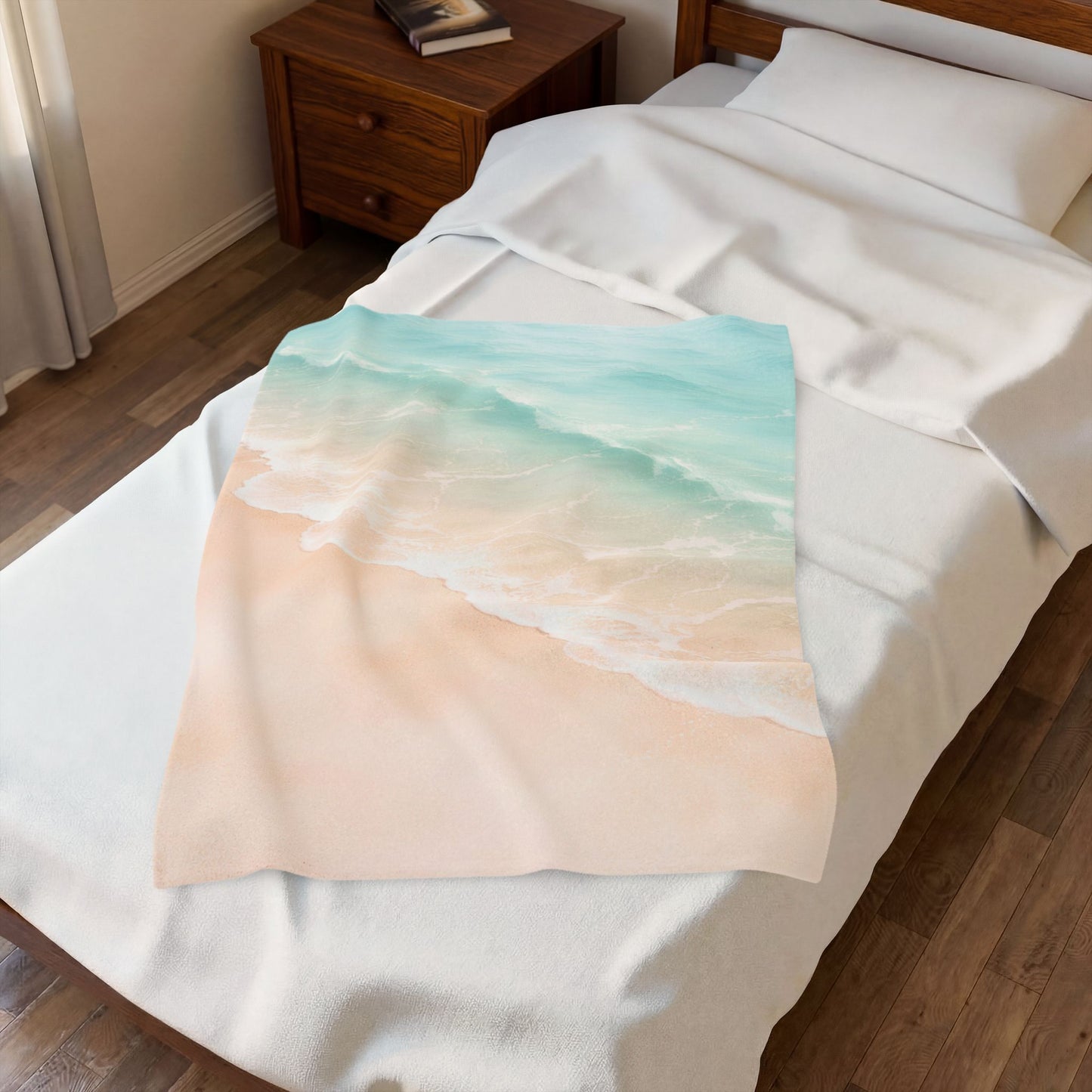 Beach Waves Velveteen Plush Blanket — Soft Pastel Ocean Shore Throw