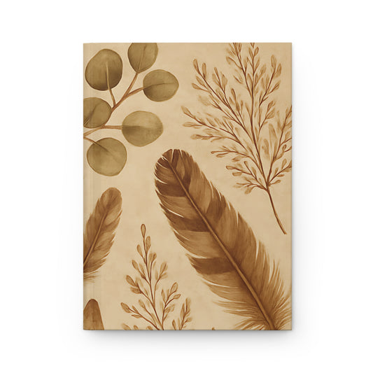 Earthy Feather & Leaf Botanical Hardcover Journal – Rustic Nature-Inspired Lined Notebook