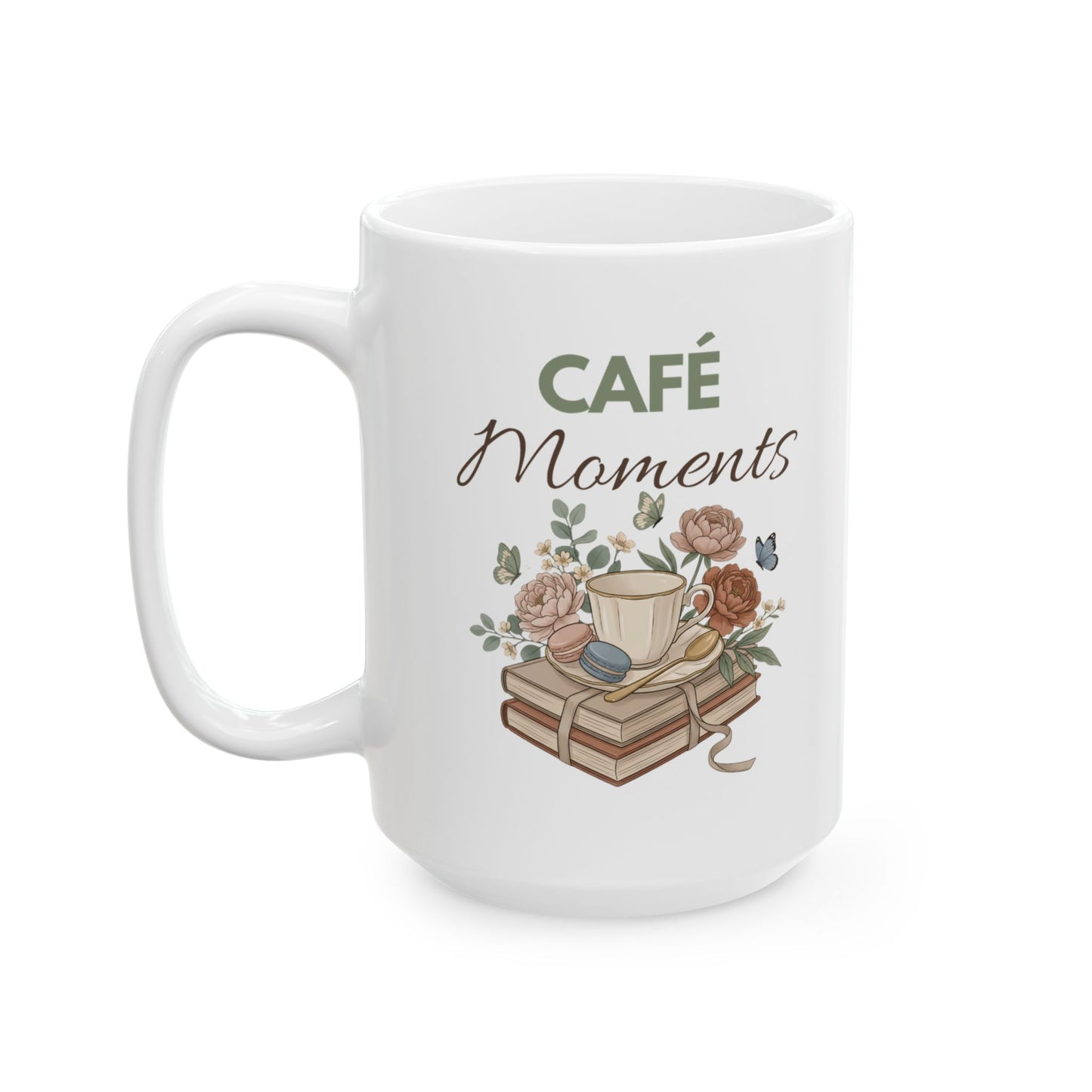 Café Moments Ceramic Coffee Mug – Coffee Lover Gift – Floral Book Lover Coffee Cup – Cozy Café Mug – 11oz & 15oz