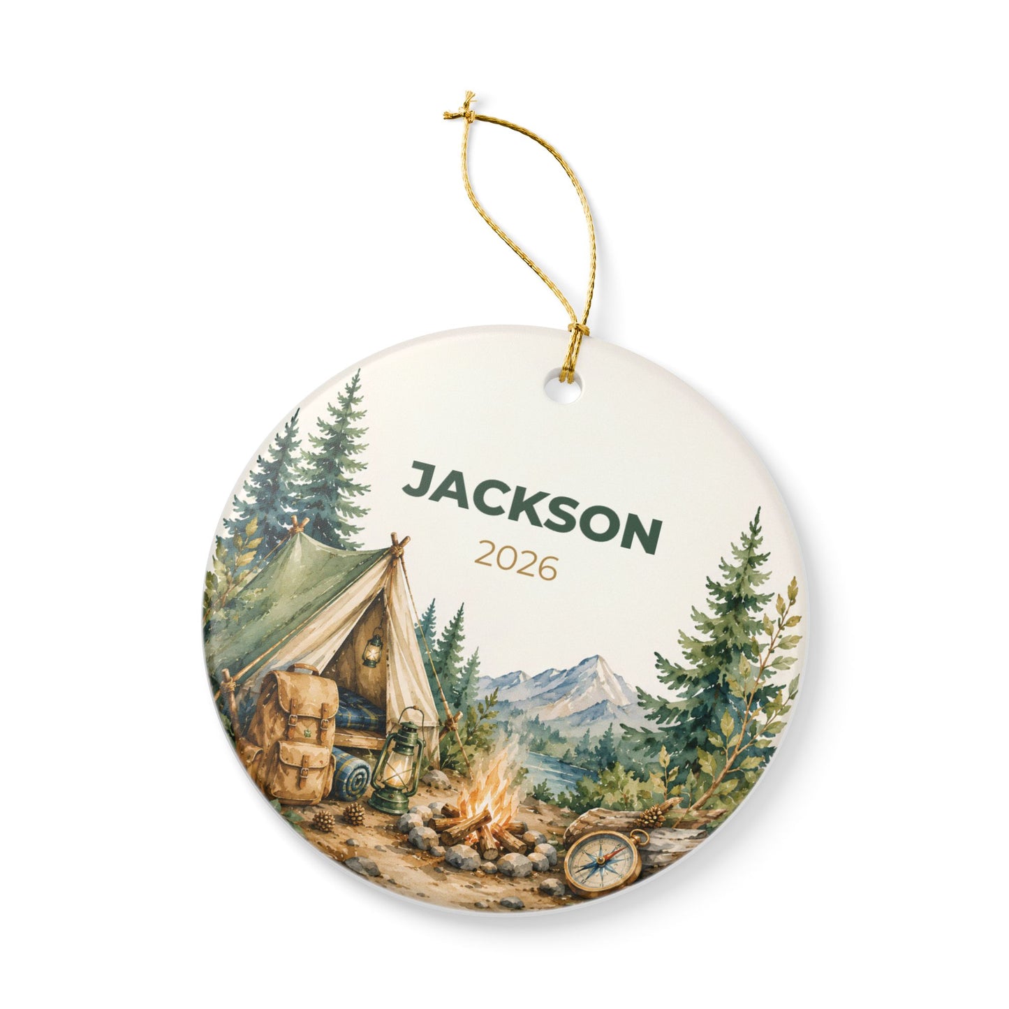Personalized Camping Ceramic Ornament – Custom Name & Year (e.g., Jackson 2026)
