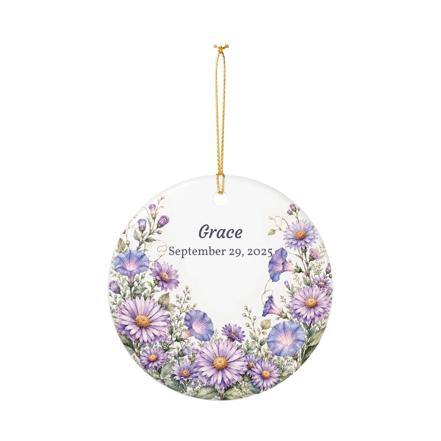 Personalized Ceramic Ornament — Purple Wildflower Memorial or Keepsake Ornament (Name & Date)