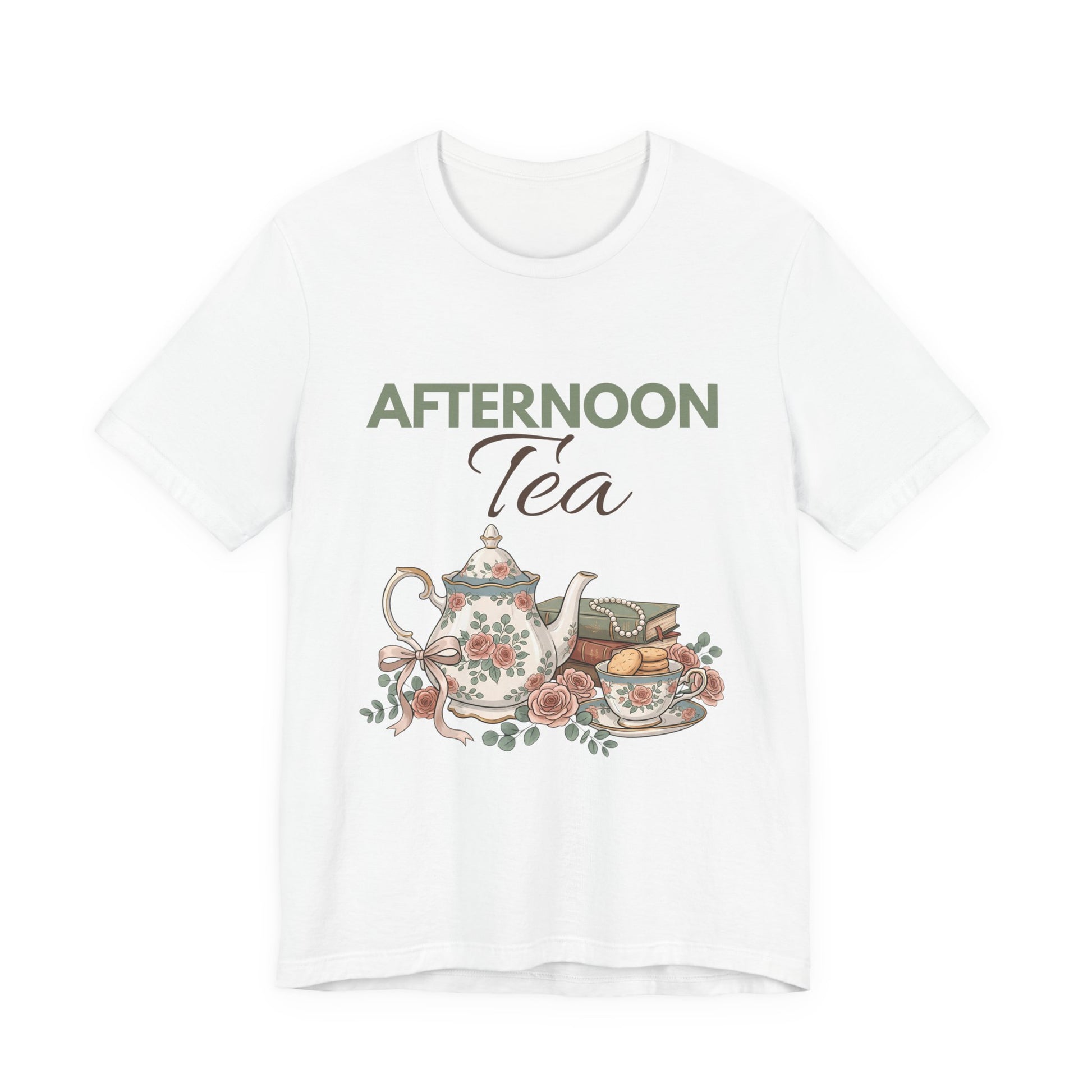 A white t-shirt with 'AFTERNOON Tea' on the front.