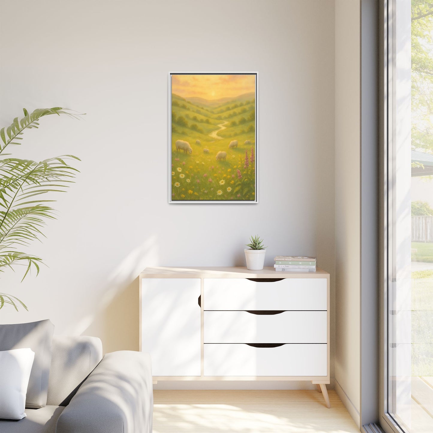 Golden Meadow Sunrise – Framed Matte Canvas Pastoral Landscape Art