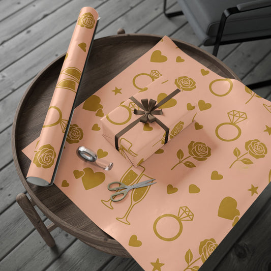 Romantic Celebration Wrapping Paper – Rings, Roses & Champagne on Blush Pink