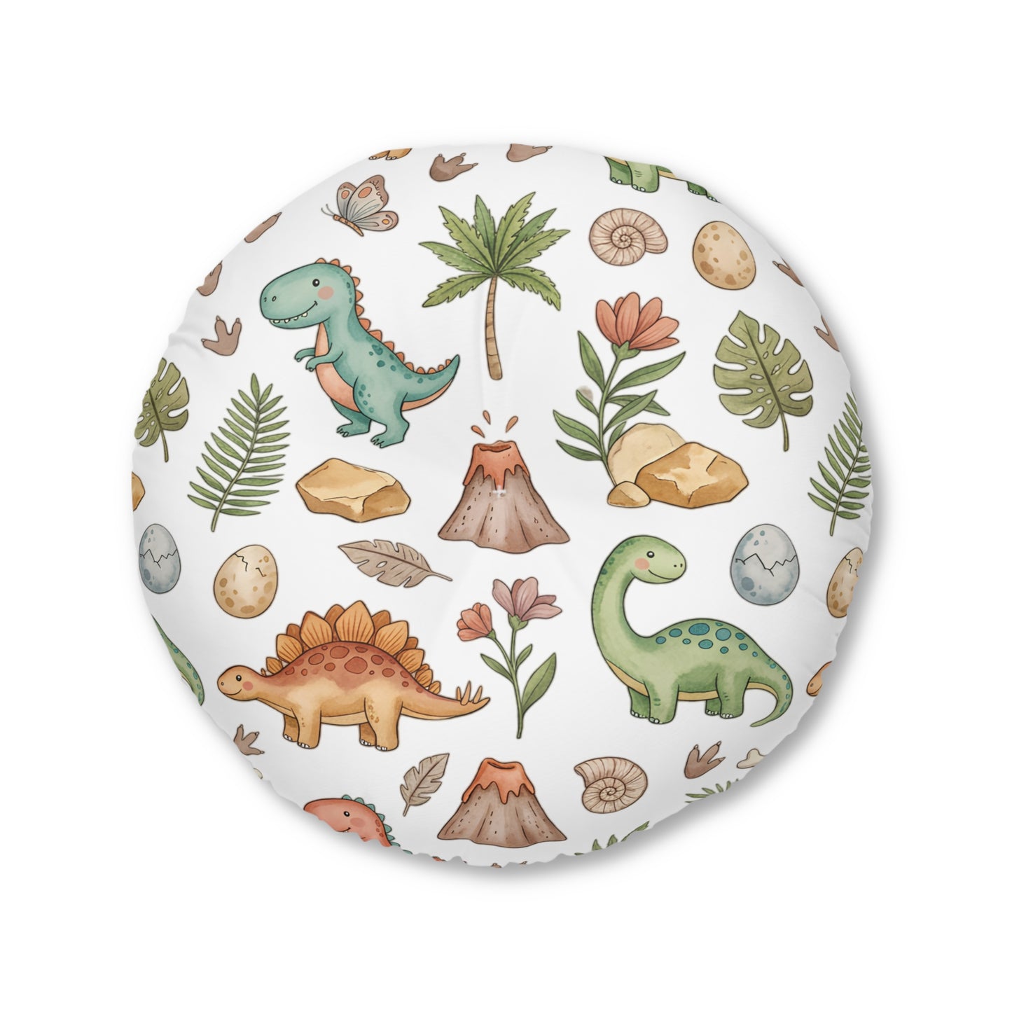 Round Tufted Floor Pillow — Cute Watercolor Dinosaur Pattern for Kids’ Room