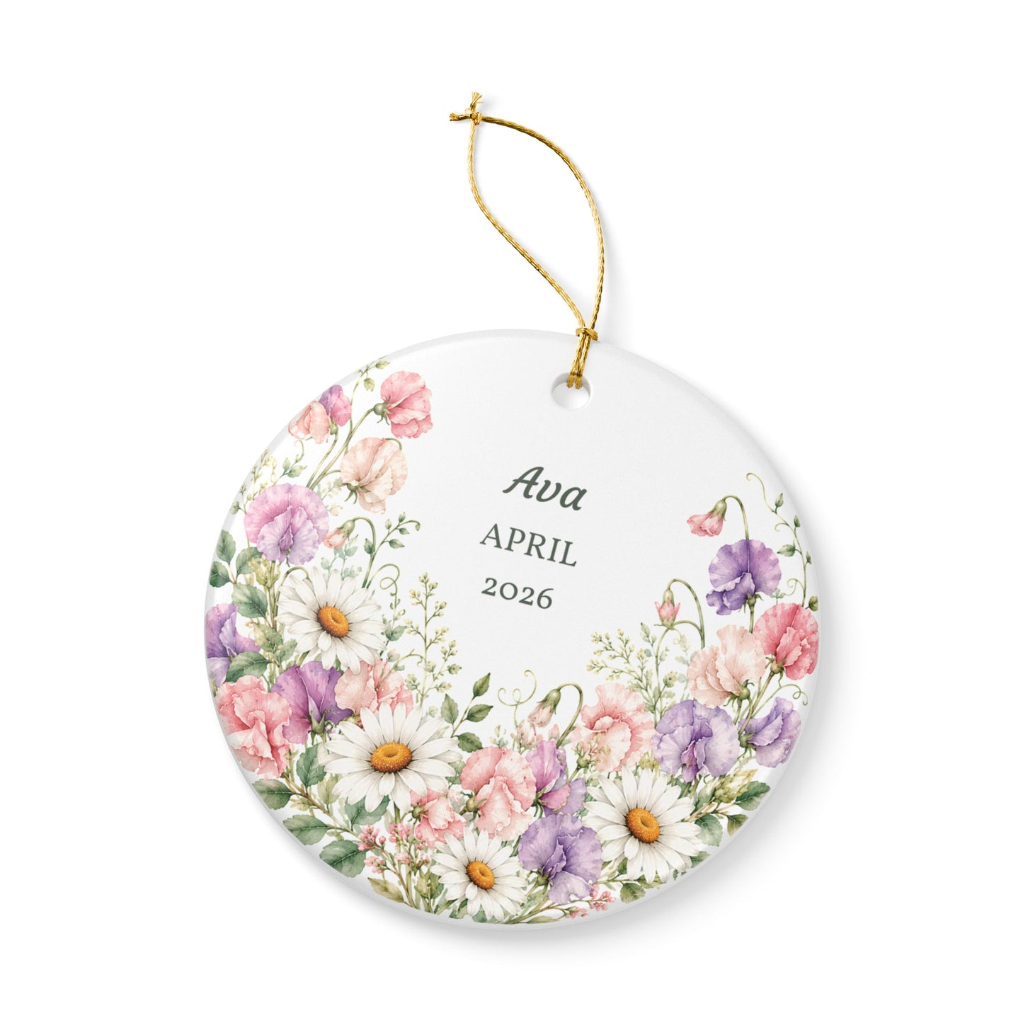 Personalized Floral Ceramic Ornament — Custom Name & Year (Daisies & Pastel Bouquet)
