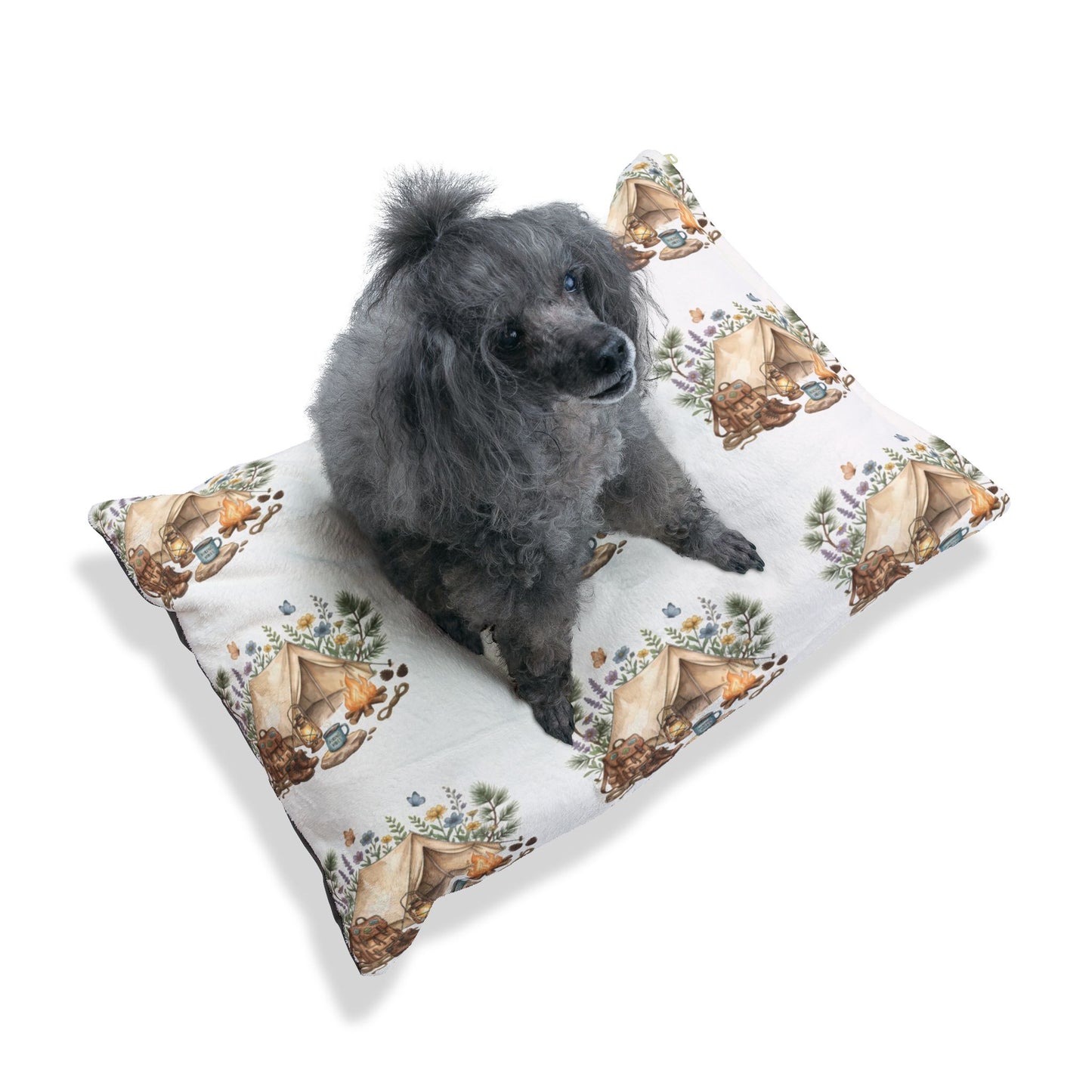Cozy Camping Pet Bed — Watercolor Tent & Paw Print Pattern