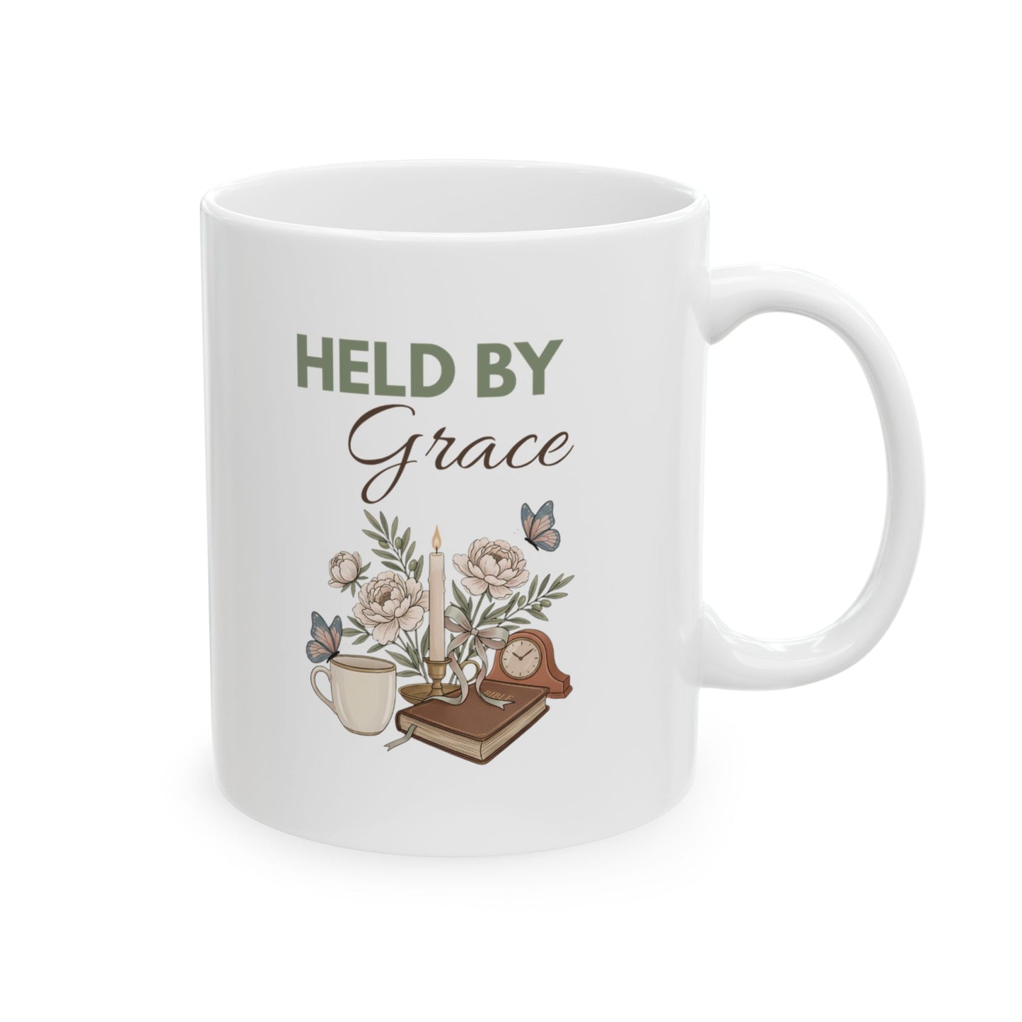 Held by Grace Ceramic Coffee Mug – Christian Inspirational Mug – Floral Bible Study Coffee Cup – Faith Gift for Women – 11oz & 15oz