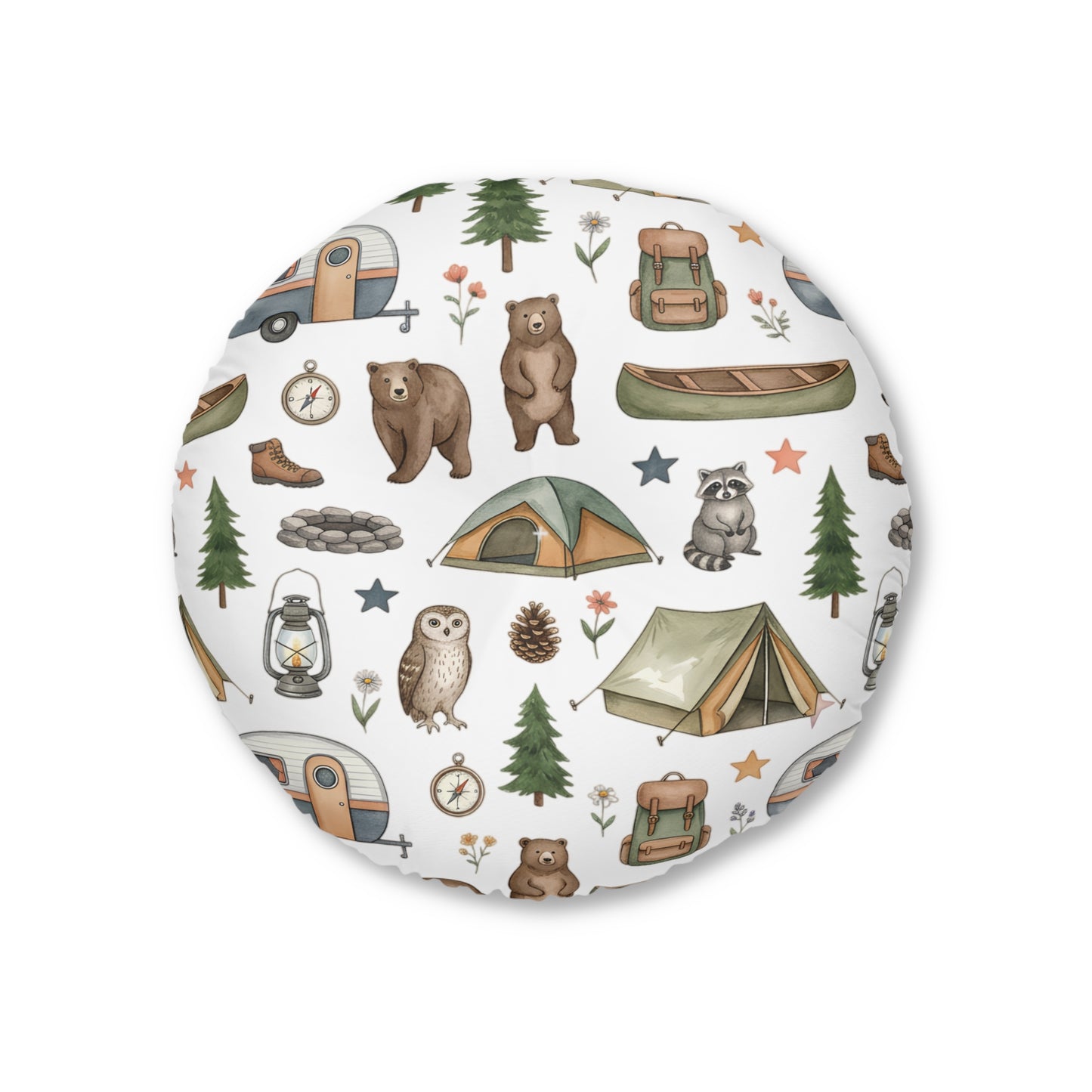 Camping Pattern Round Floor Pillow — Cute Woodland Animals & Gear Tufted Cushion