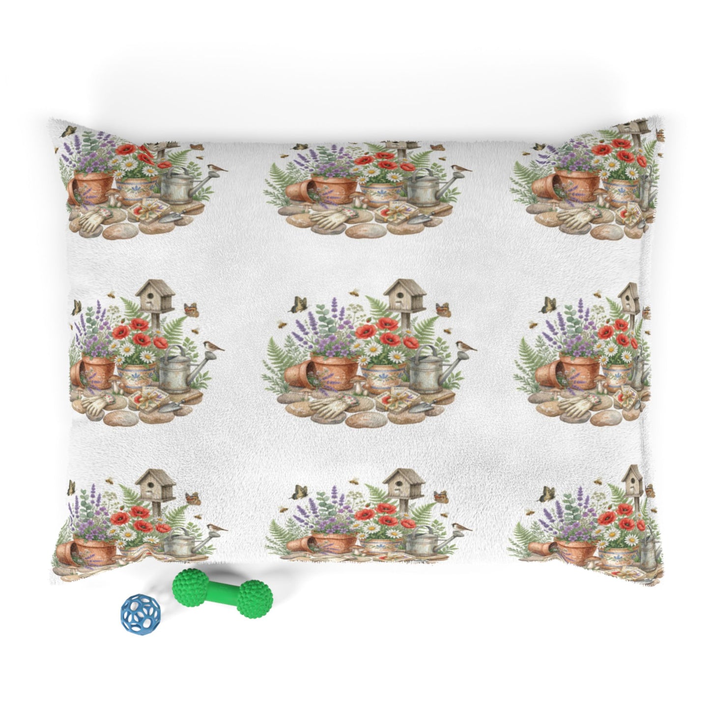 Floral Garden Pet Bed – Watercolor Birdhouse & Flowers