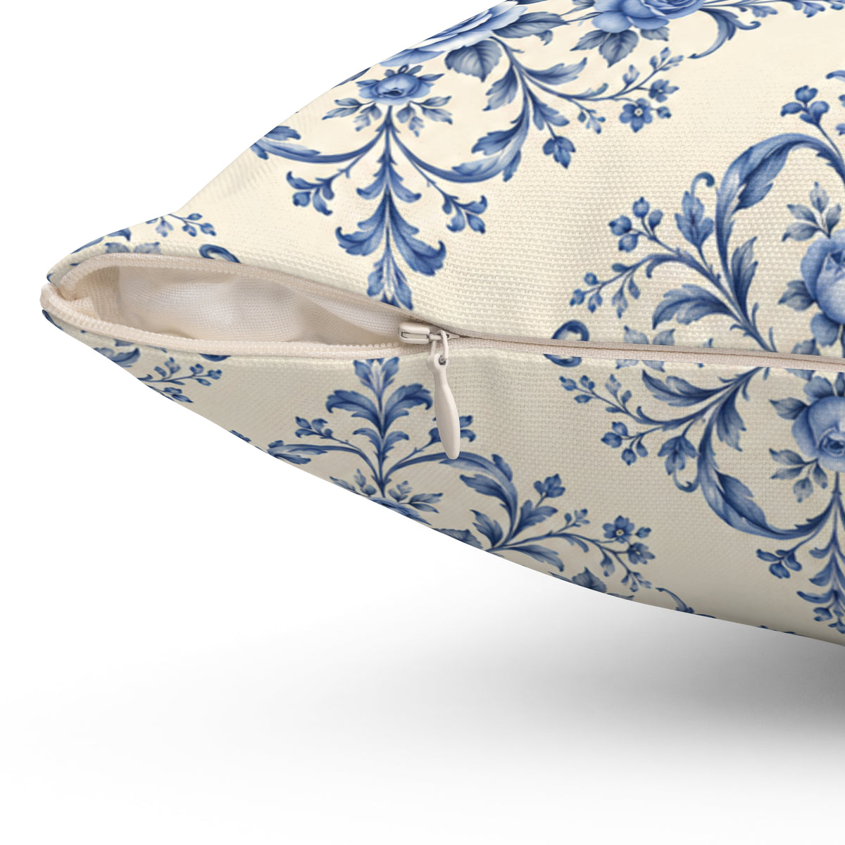 Blue Delft Floral Throw Pillow — Vintage Damask Square Accent Pillow
