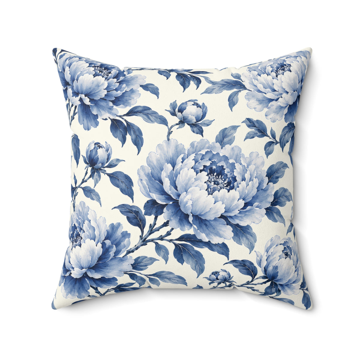 Blue Floral Throw Pillow — Vintage Peony Accent Cushion
