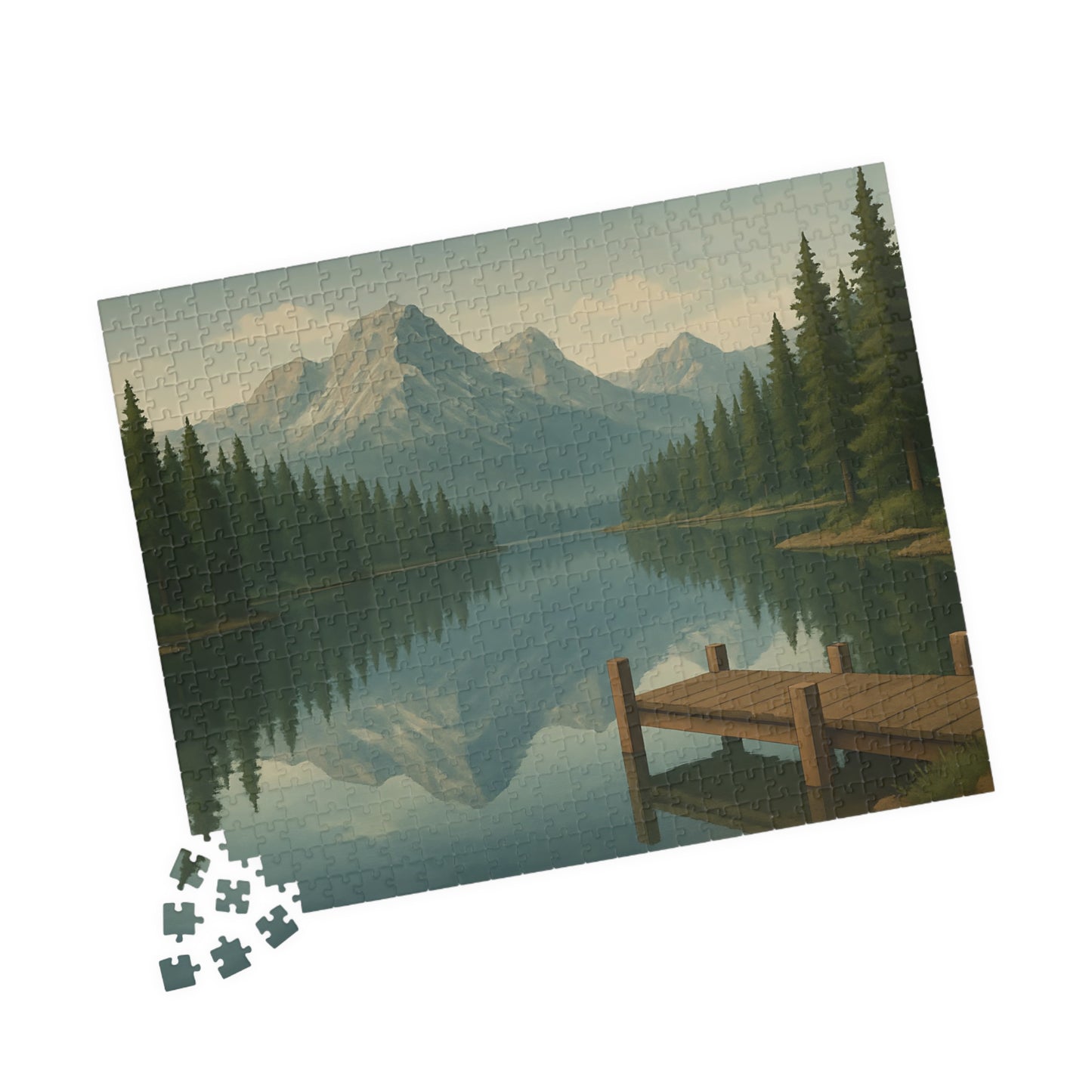 Mountain Lake Reflection Jigsaw Puzzle – Scenic Nature Dock View