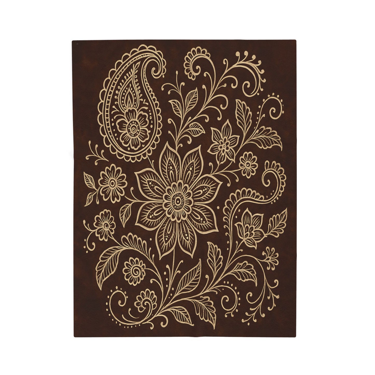 Elegant Boho Floral Paisley Velveteen Plush Blanket – Dark Brown & Cream