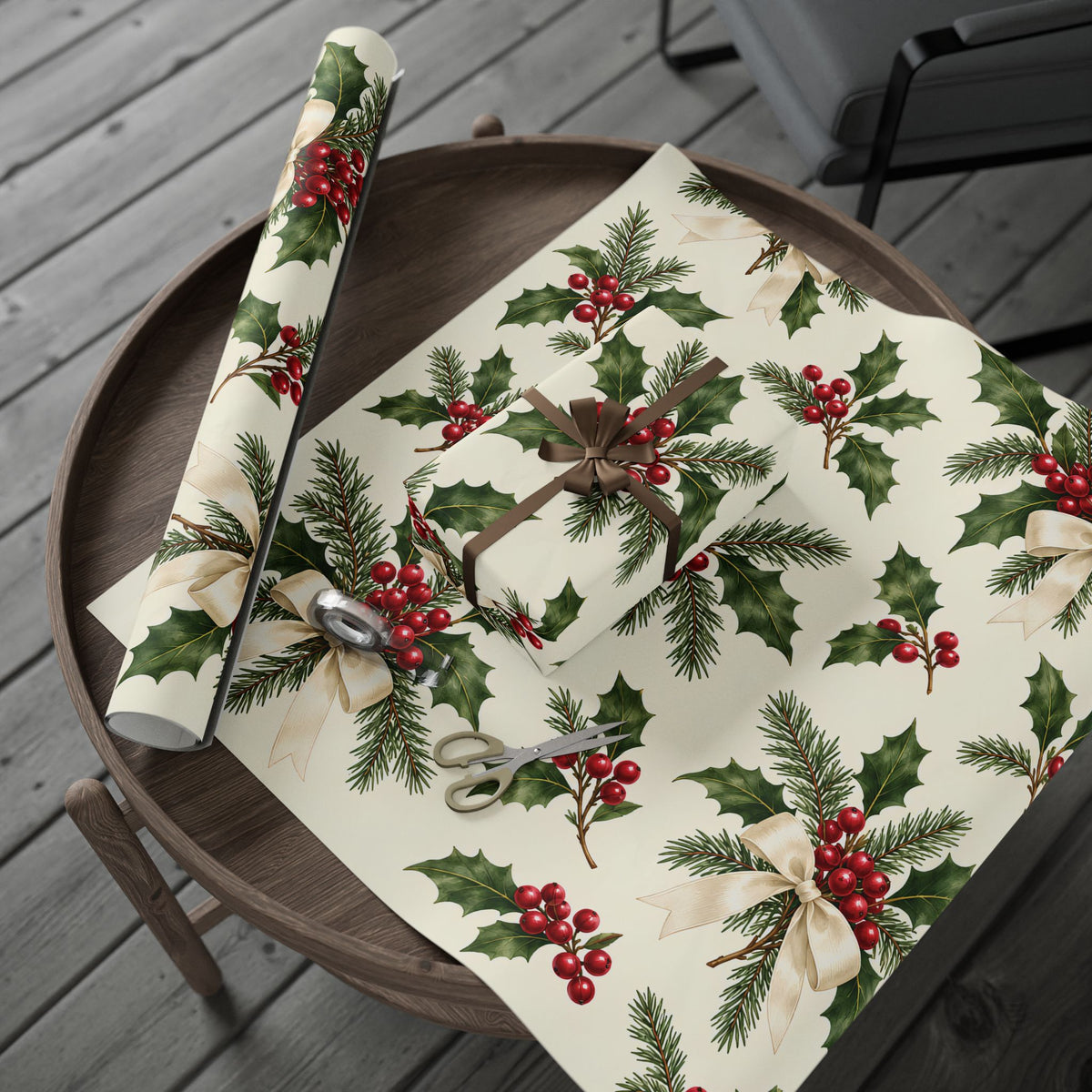 Christmas Pine & Holly Gift Wrapping Paper Roll