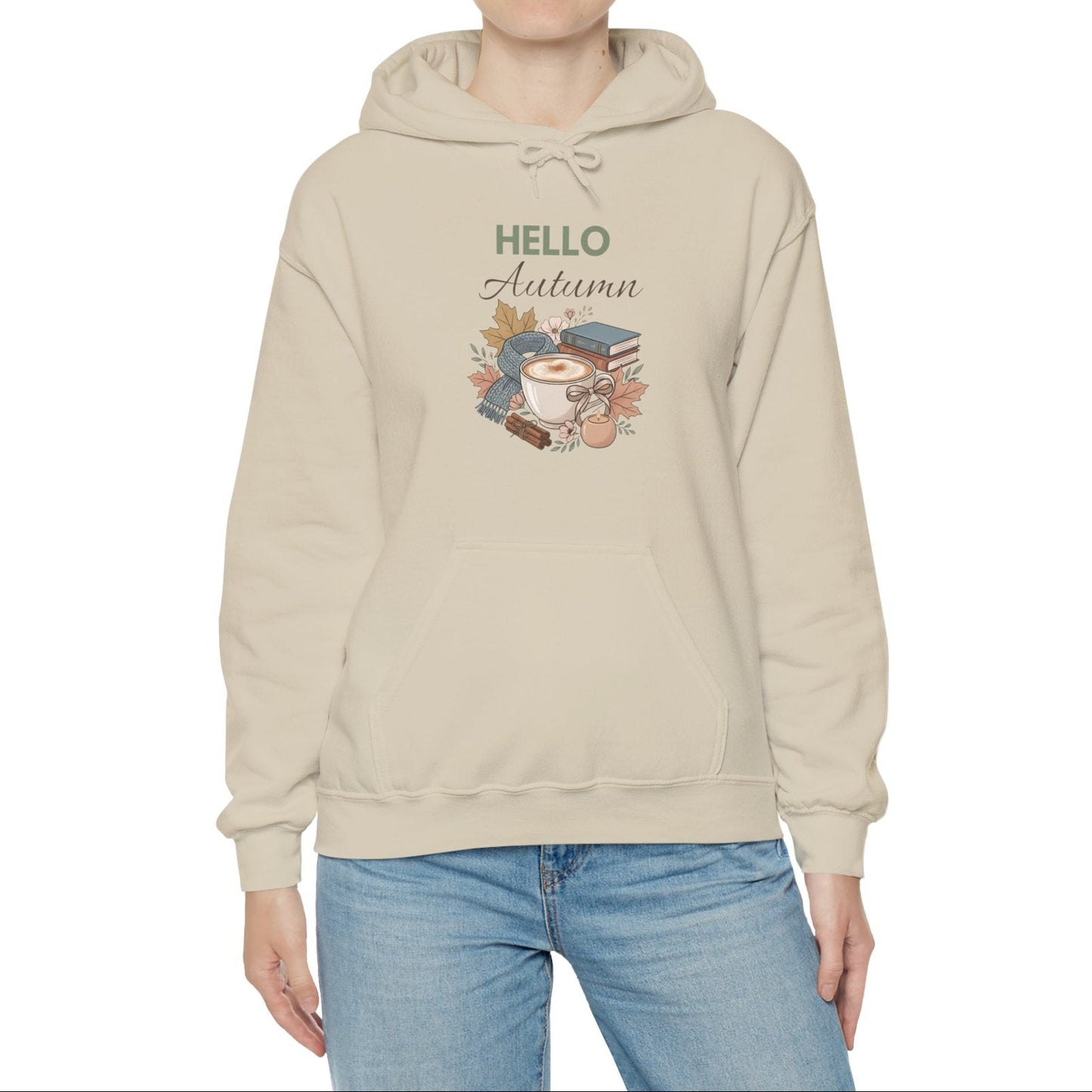 Hello Autumn Hoodie – Cozy Fall Coffee & Leaves Sweatshirt