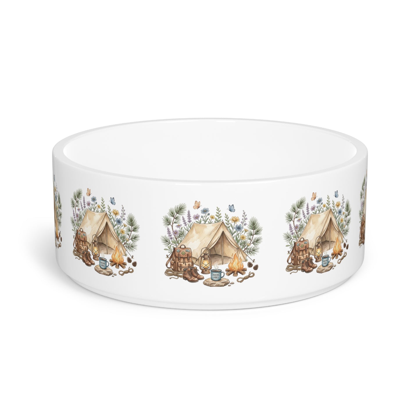 Camping Pet Bowl — Cute Tent & Campfire Design Ceramic Dog Food Bowl