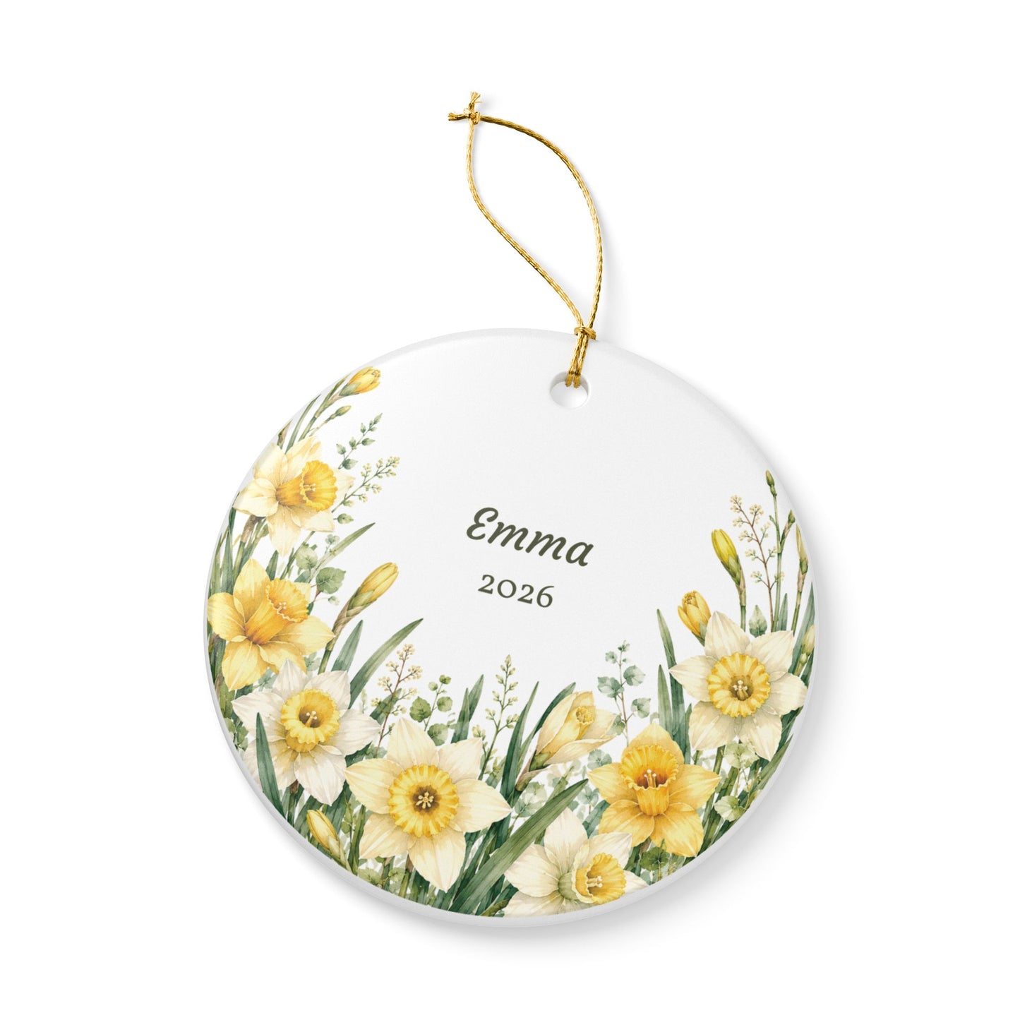 Personalized Daffodil Ceramic Ornament – Name & Year Keepsake (e.g., Emma 2026)