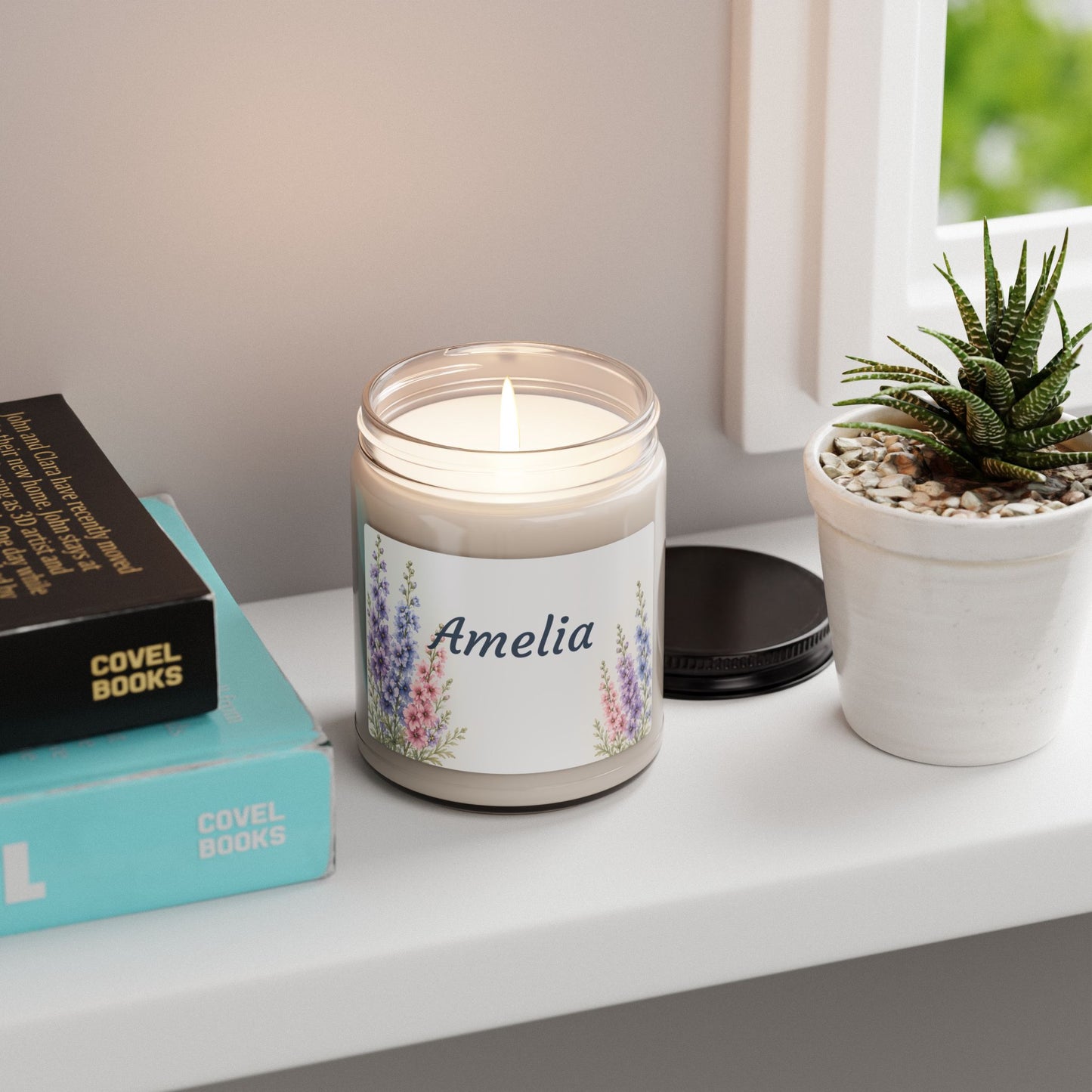 Personalized Lavender Floral Soy Candle — 9oz Scented Jar (Name: Amelia)