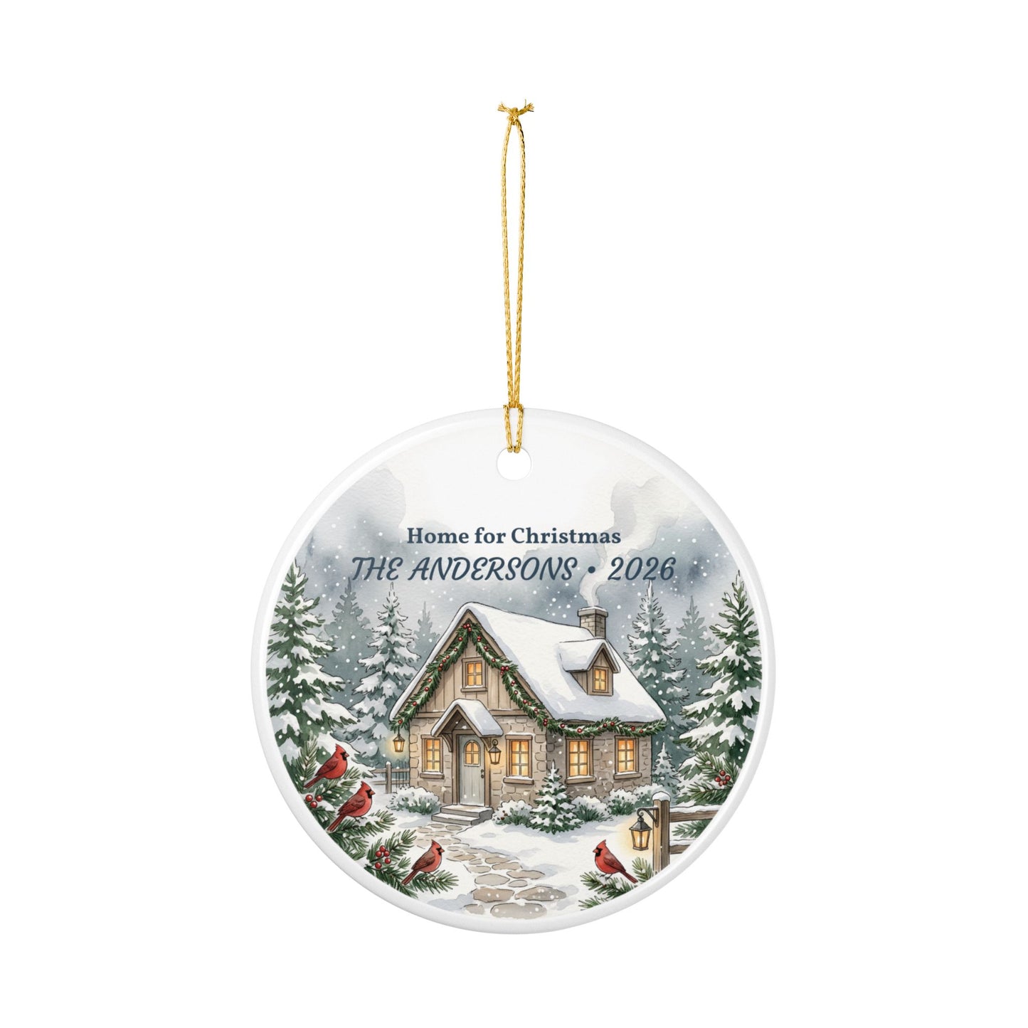 Personalized Ceramic Christmas Ornament - 'Home for Christmas' Snowy Cottage, Family Name & Year