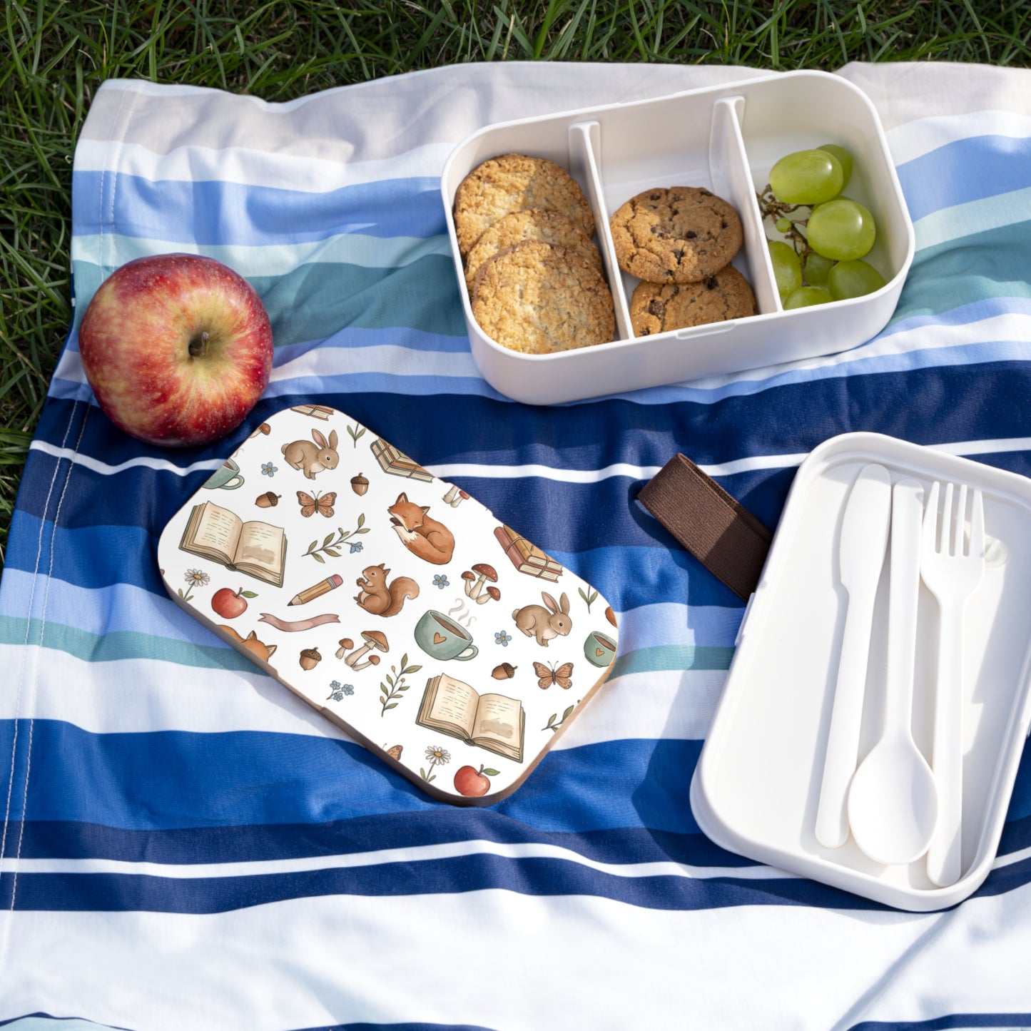 Woodland Reading Bento Lunch Box – Cute Fox, Bunny & Book Pattern