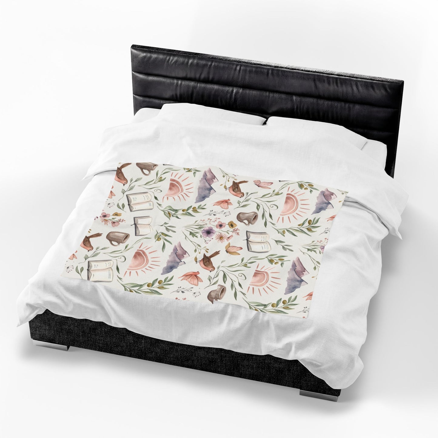 Cozy Bookish Floral Velvet Plush Blanket — Sun, Mountains & Tea Pattern