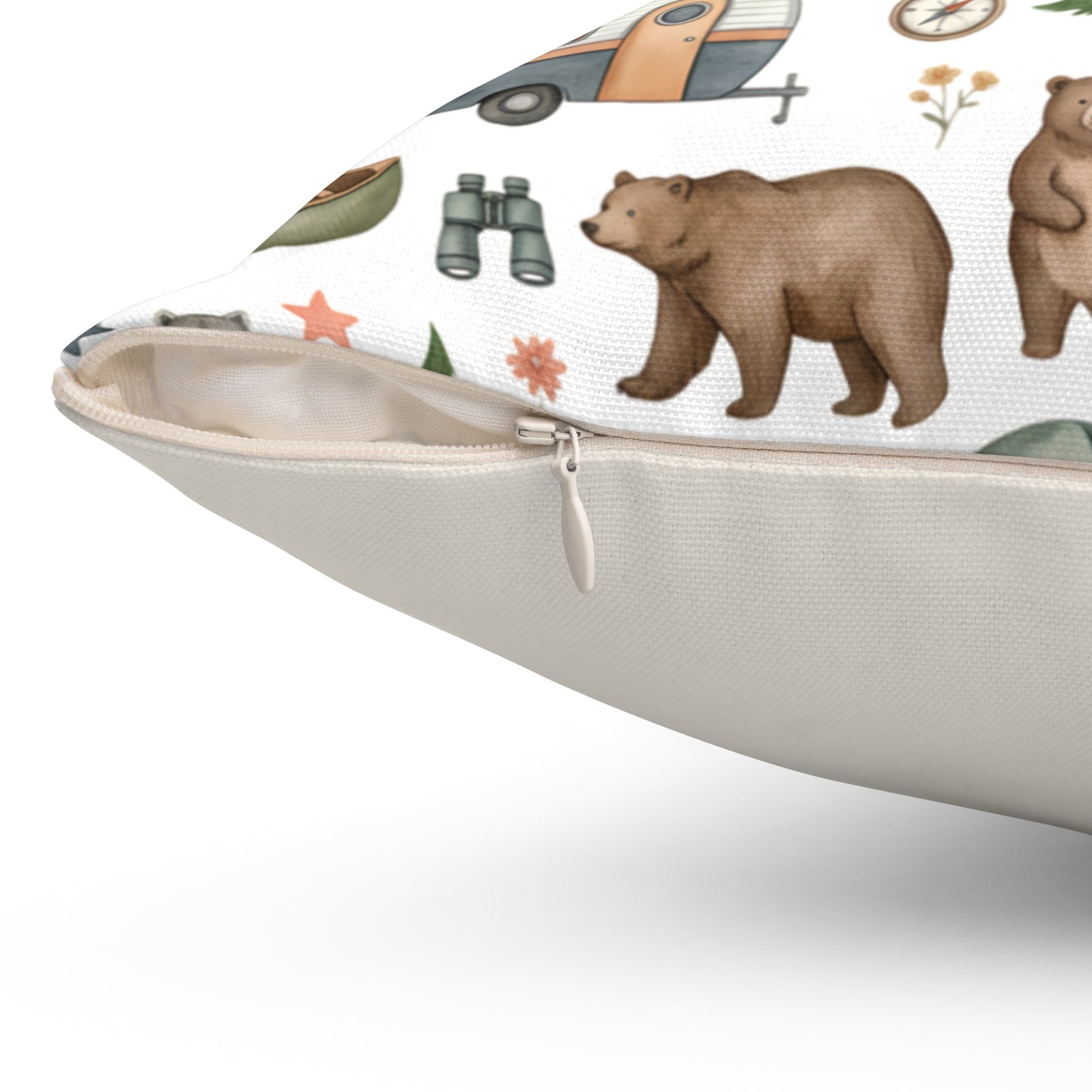 Camping Pattern Square Pillow — Bear, Tent & Camper Decorative Throw Pillow